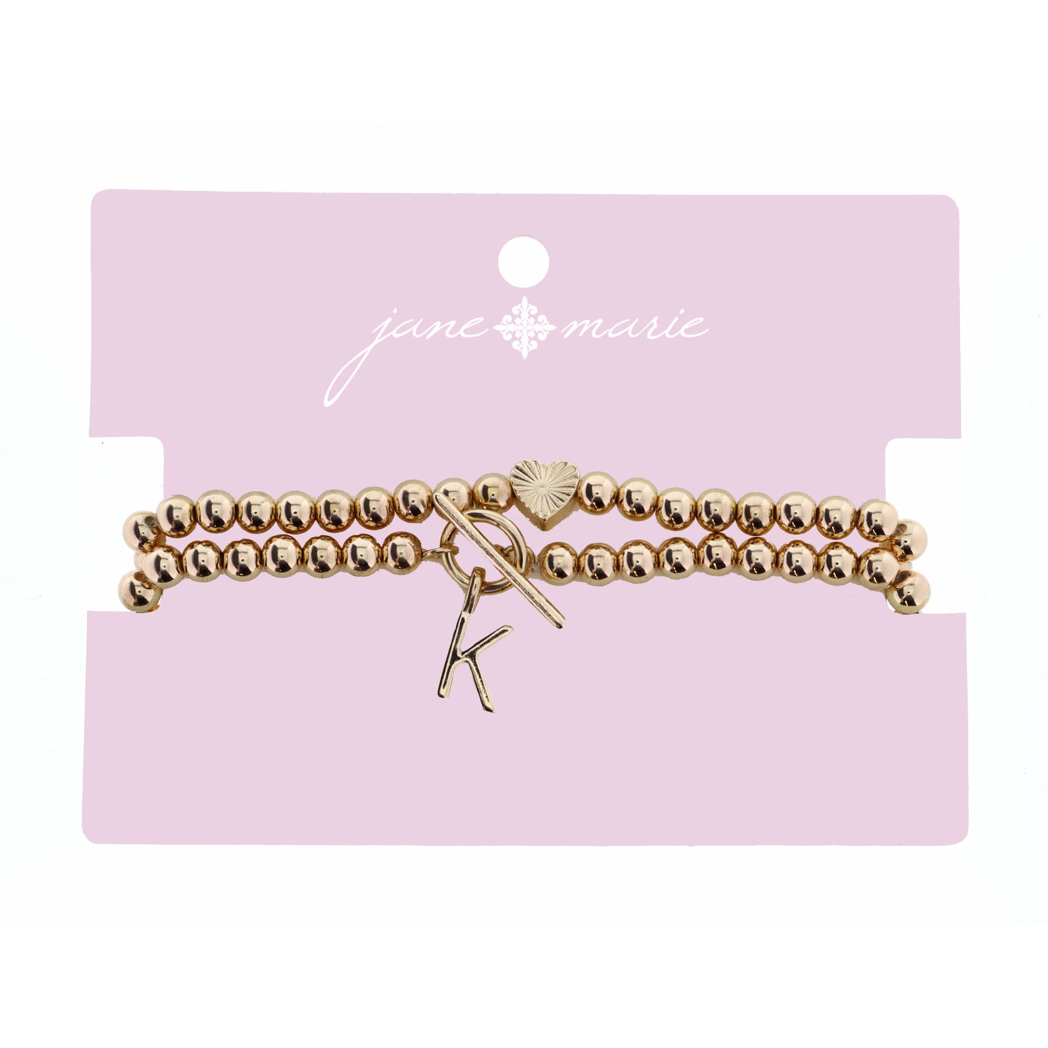 2 Strand, Gold "K" Initial with Toggle and Textured Heart Bracelet