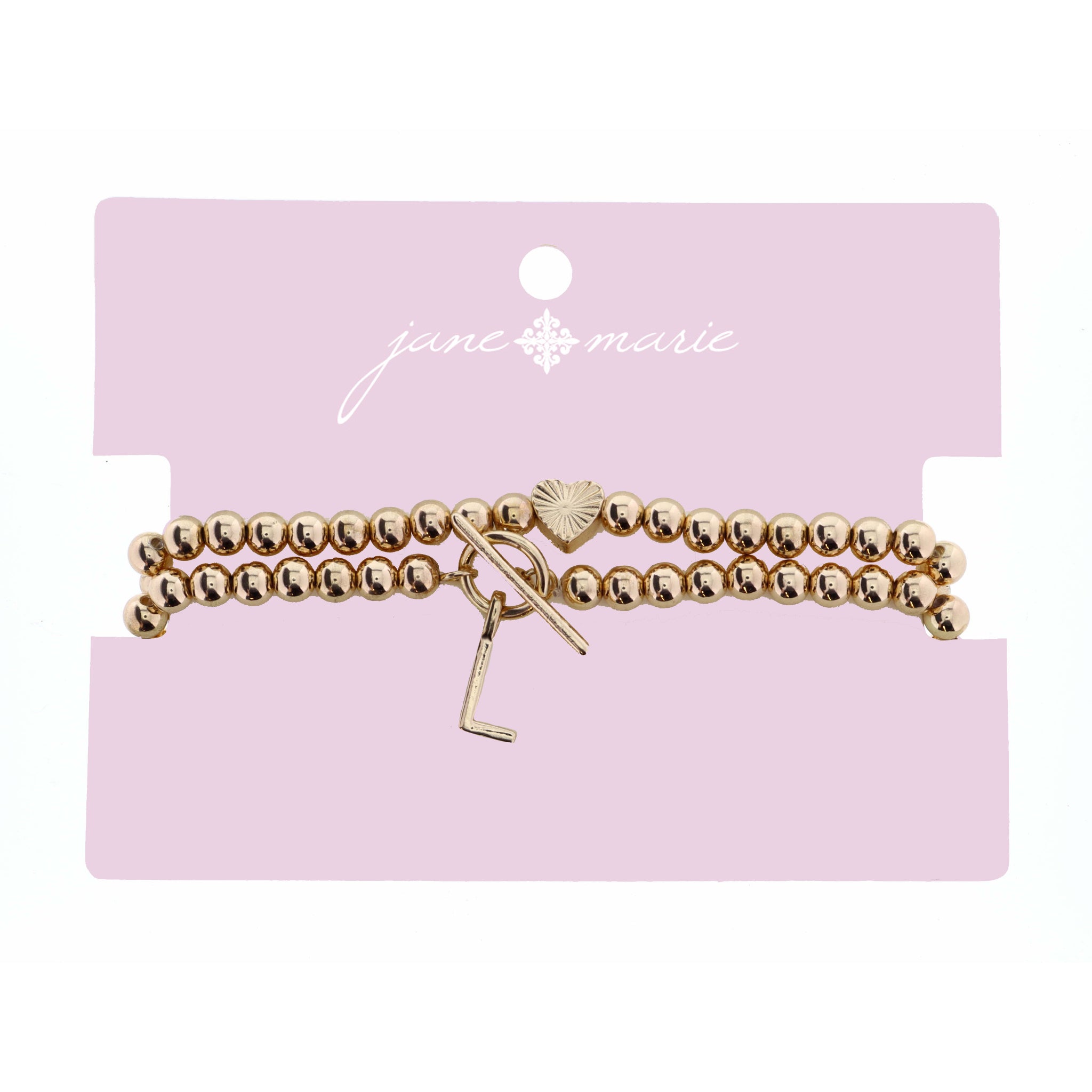 2 Strand, Gold "L" Initial with Toggle and Textured Heart Bracelet