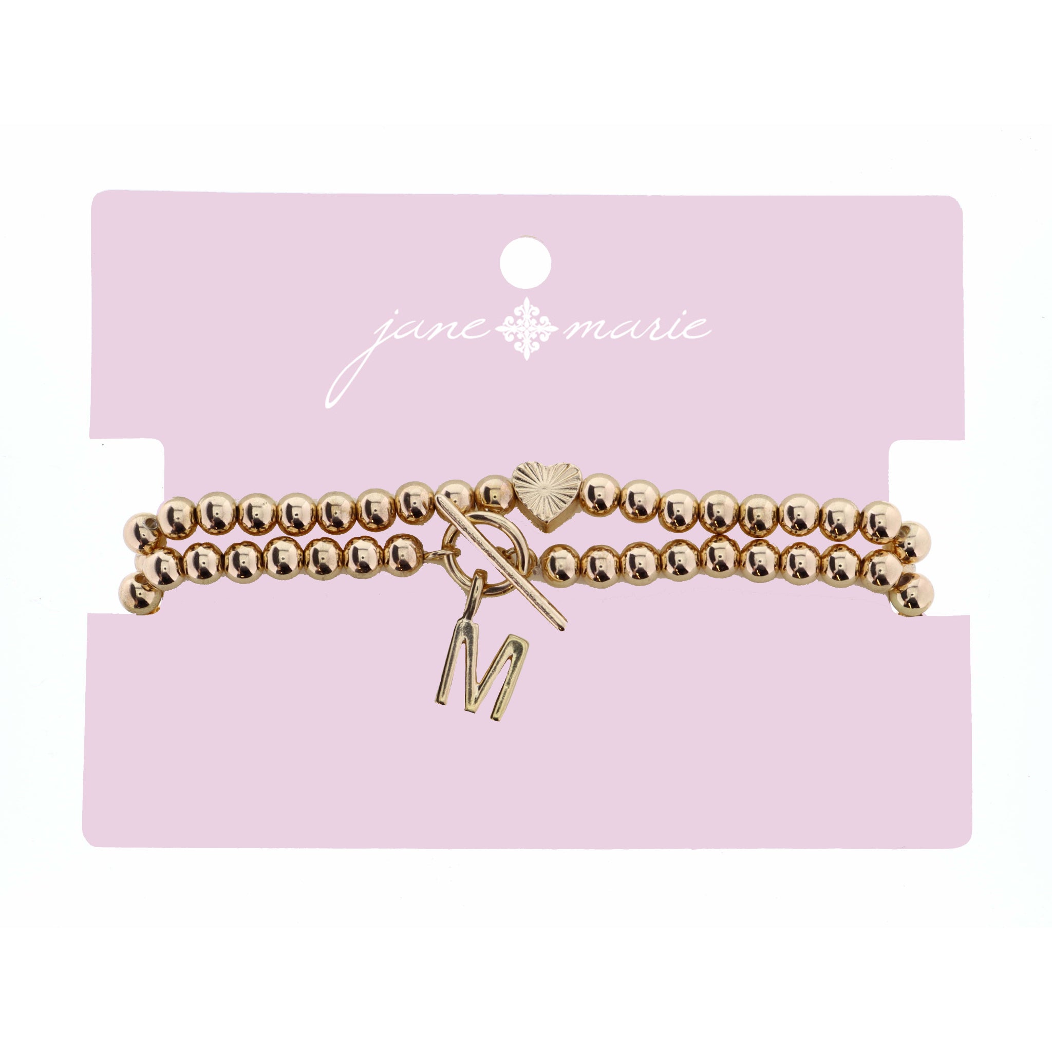 2 Strand, Gold "M" Initial with Toggle and Textured Heart Bracelet