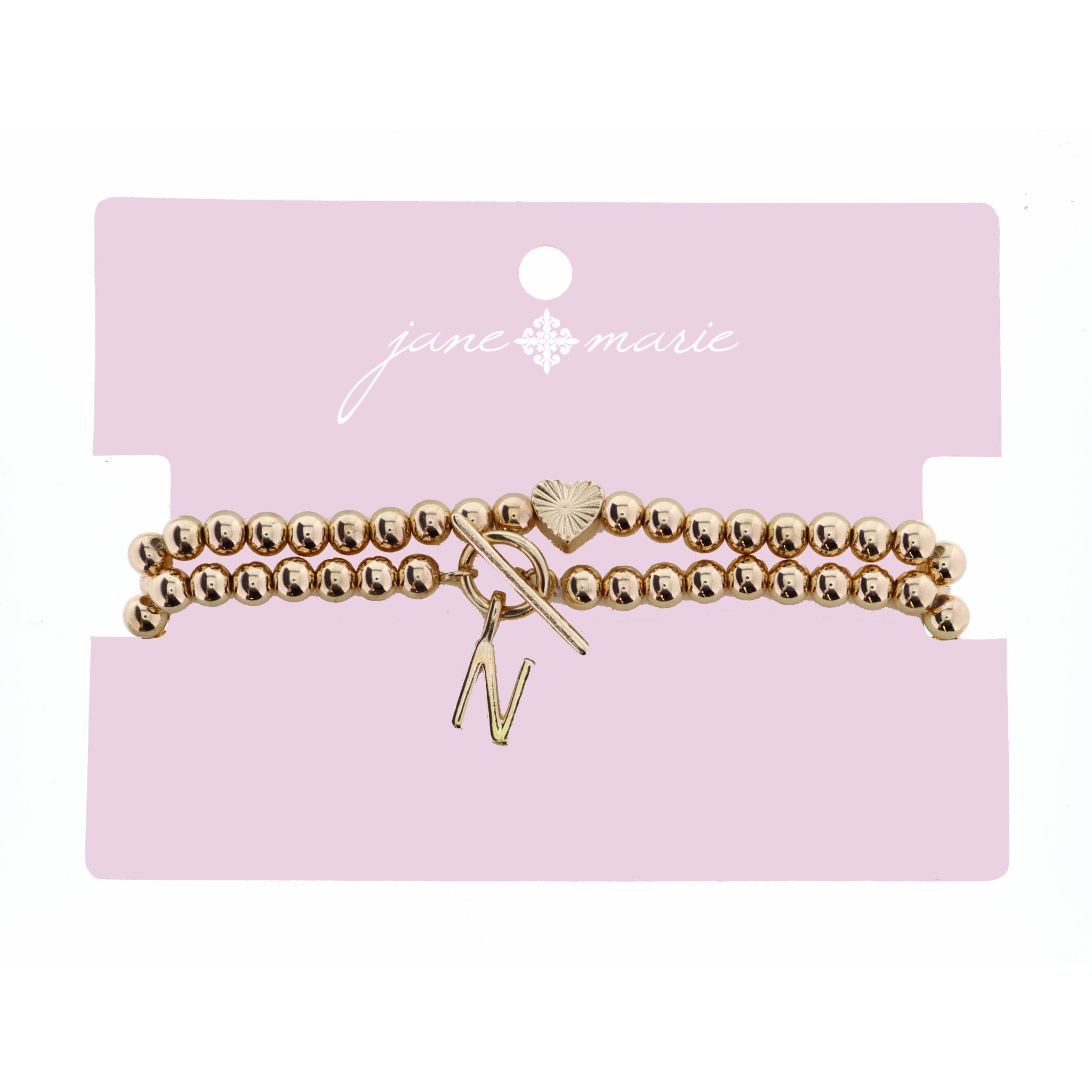 2 Strand, Gold "N" Initial with Toggle and Textured Heart Bracelet