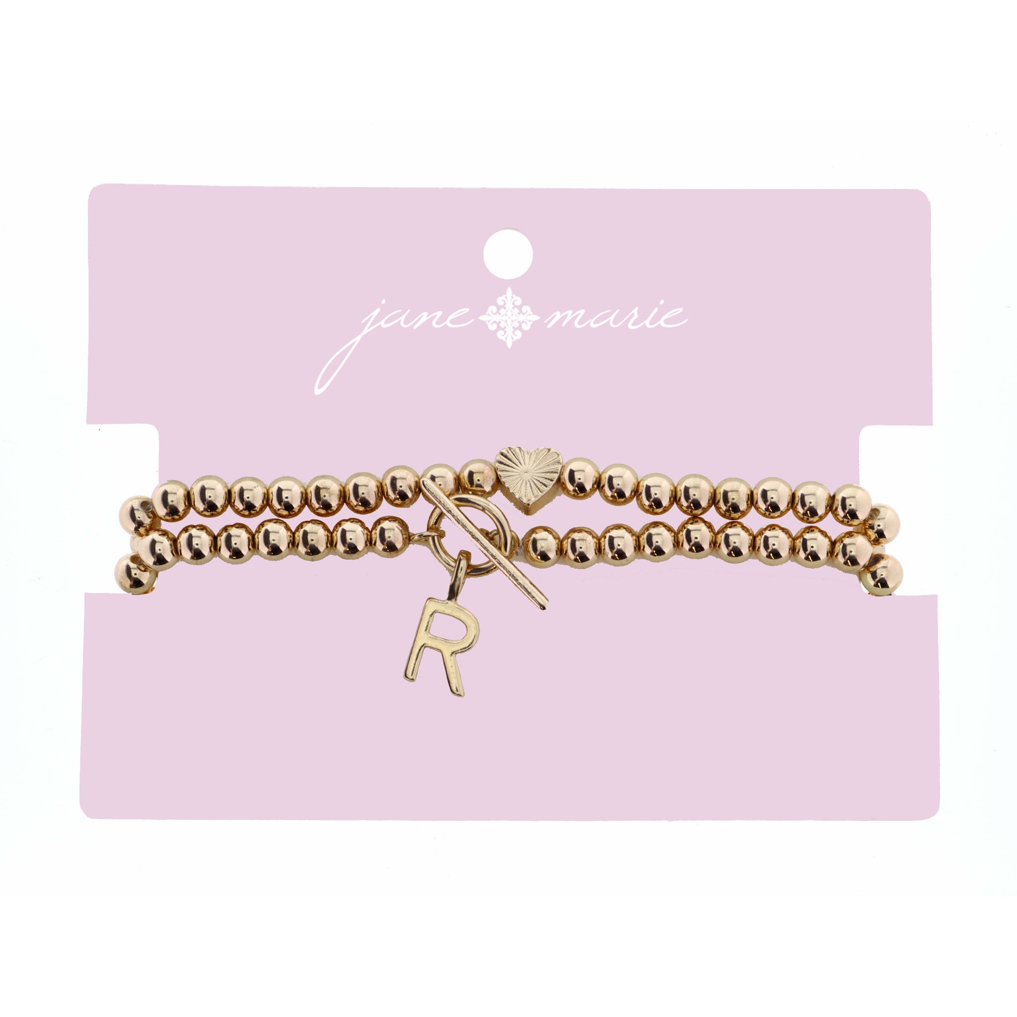 2 Strand, Gold "R" Initial with Toggle and Textured Heart Bracelet