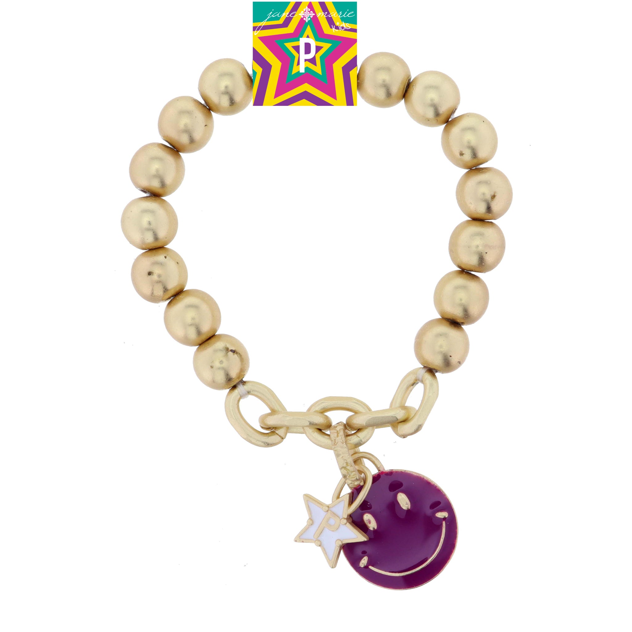 Kids Happy Face, Purple & Yellow with Star "P" Bracelet