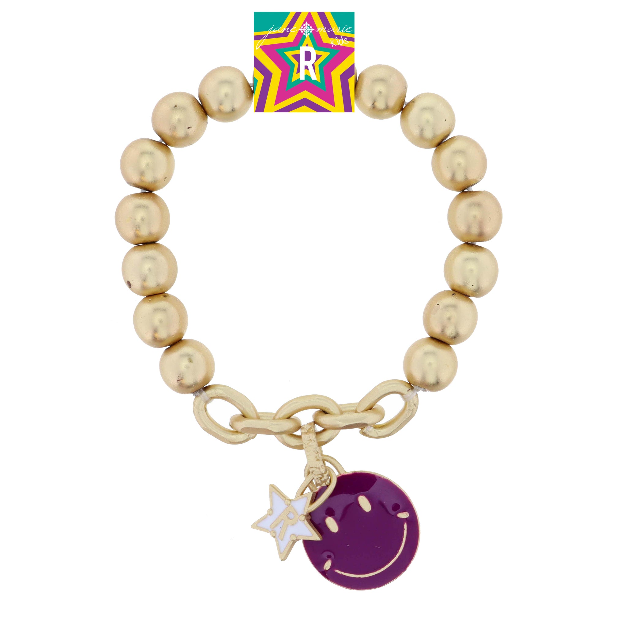 Kids Happy Face, Purple & Yellow with Star "R" Bracelet