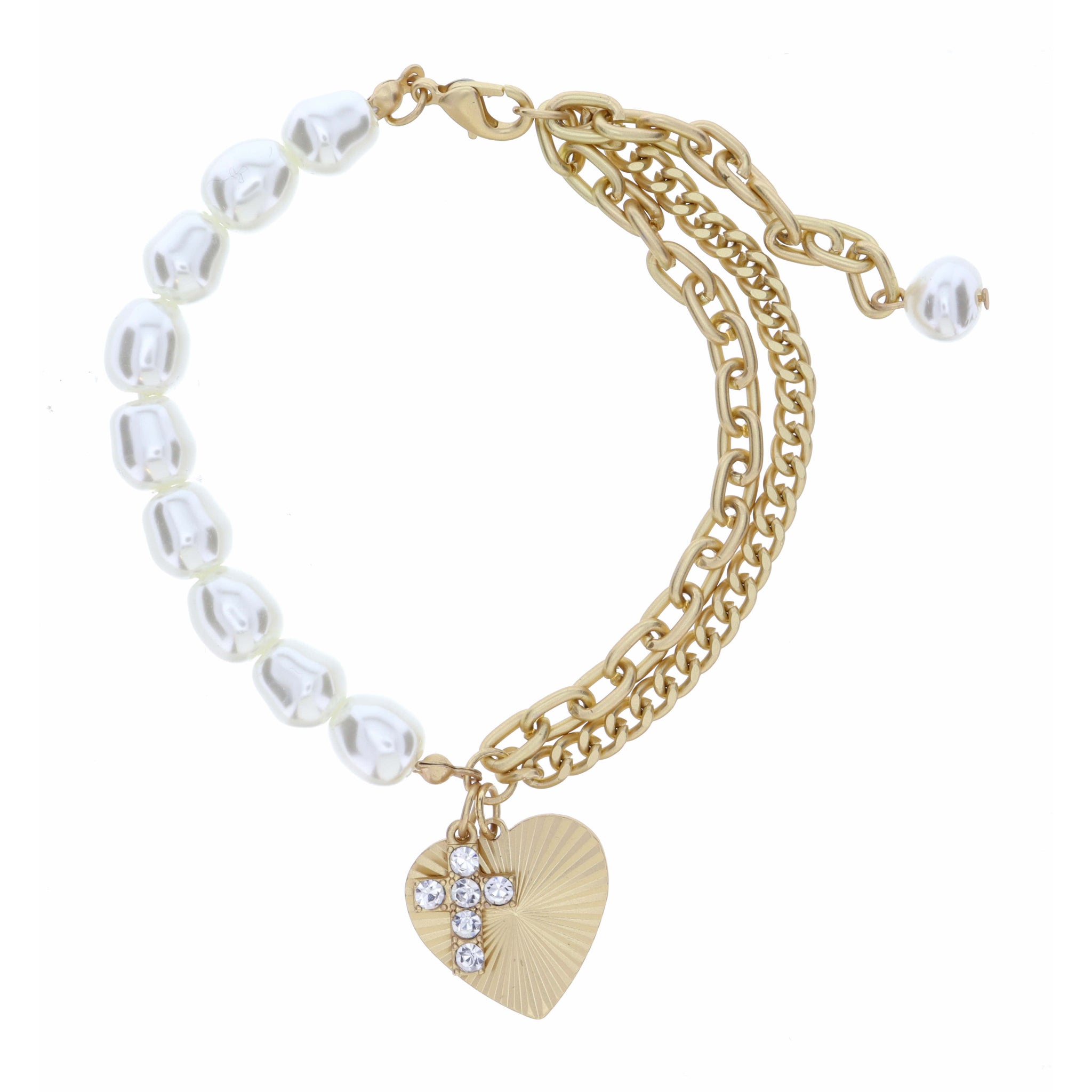 Half Pearl, Half Double Chain with Textured Heart & Crystal Cross  Bracelet