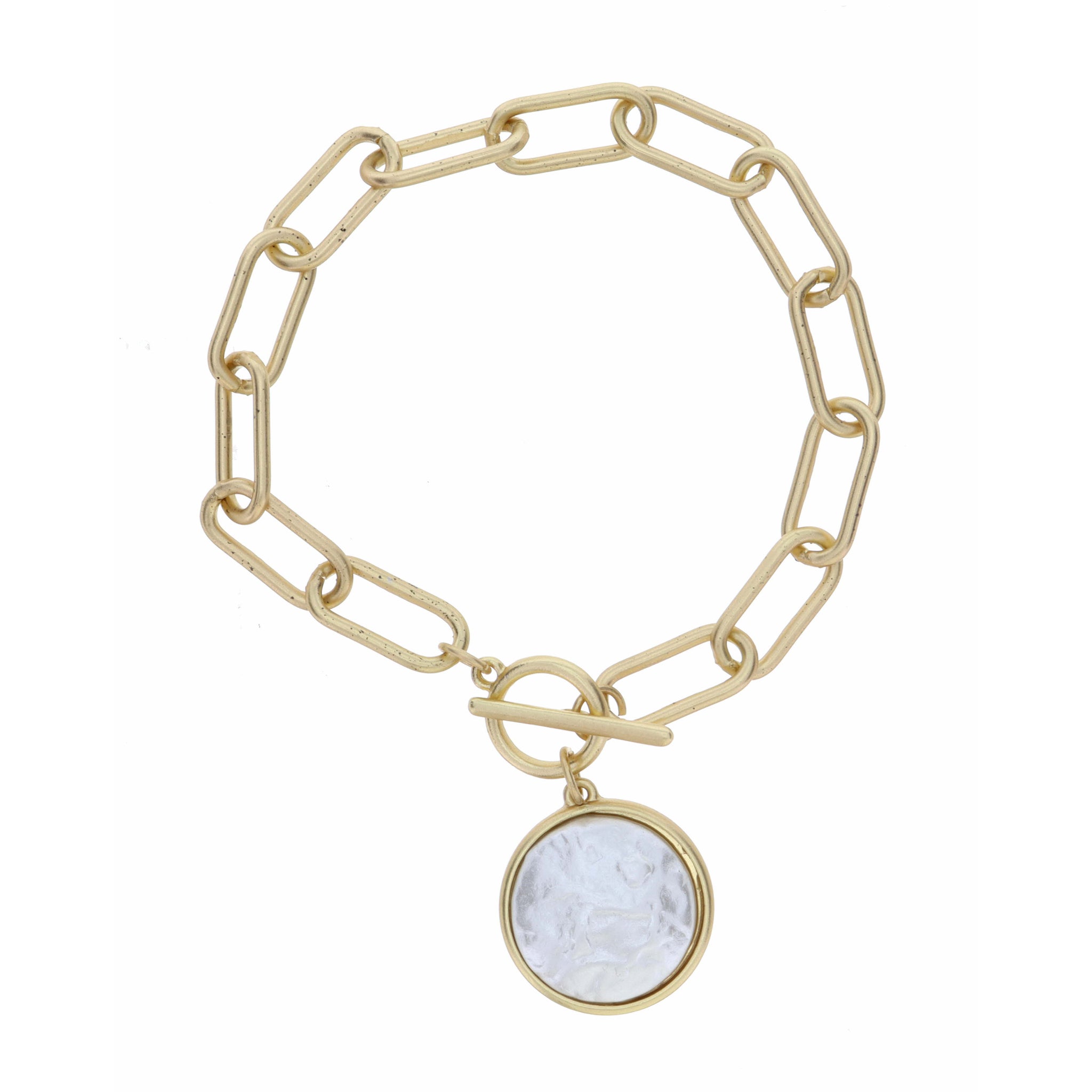 Gold Link Toggle with Round Pearl Dangle  Bracelet