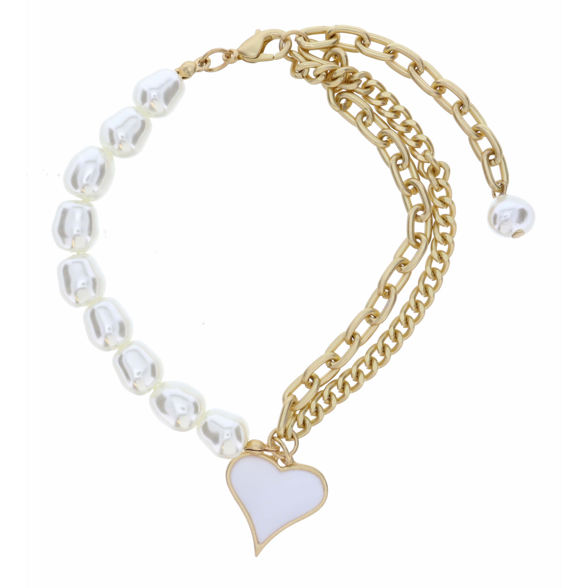 Half Pearl, Half Double Chain with White Heart  Bracelet