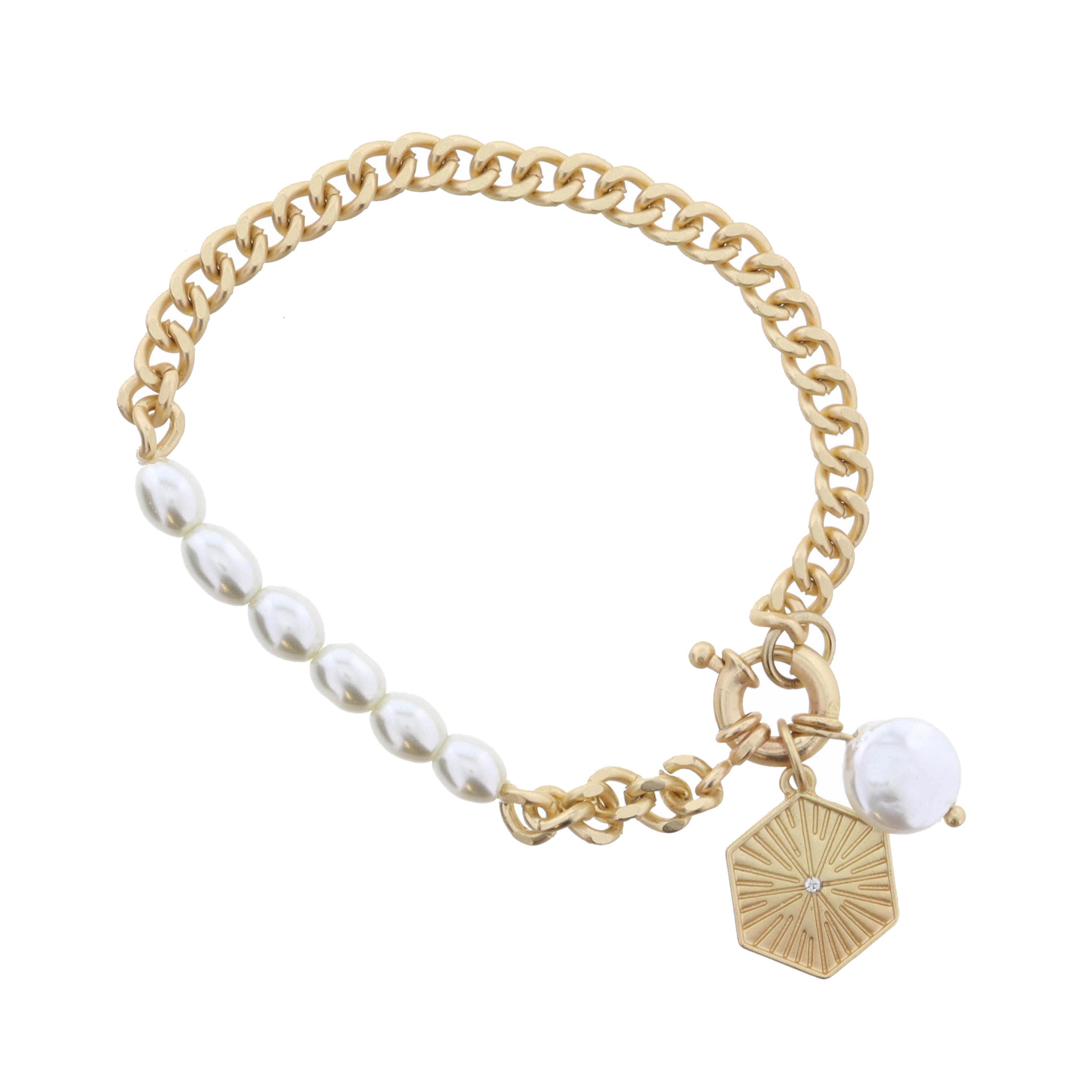 Gold Textured Hexagon with Crystal, Coin Pearl, Gold Curb Chain Bracelet