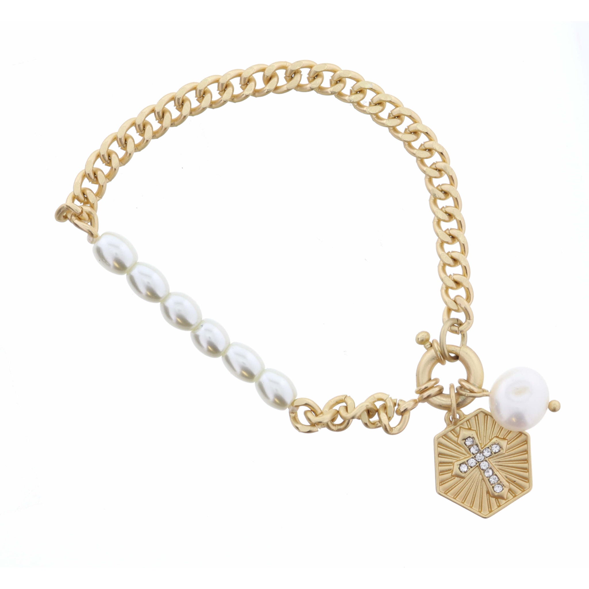 Gold Textured Hexagon with Crystal Cross, Pearl, Gold Curb Chain Bracelet