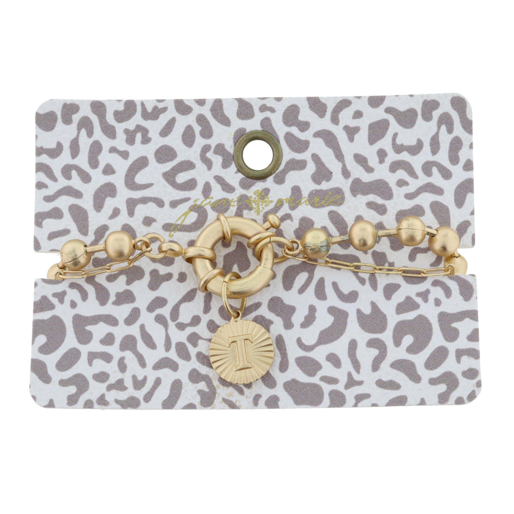 2-Sided, Gold Circle with Latch, Intial "T" and Heart Bracelet