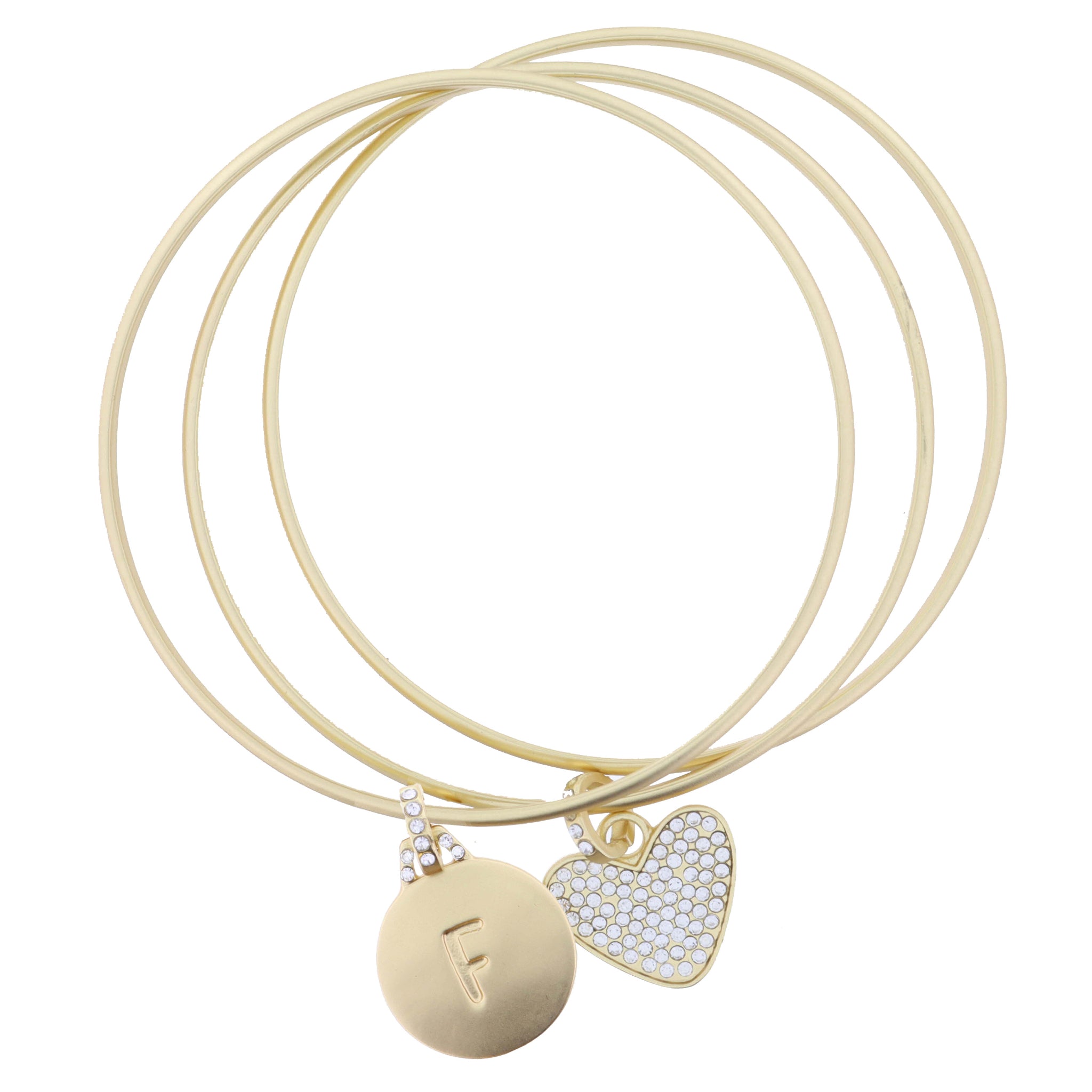 Set of 3, Gold Disc Initial "F" and Clear Crystal Heart Bangle Bracelet