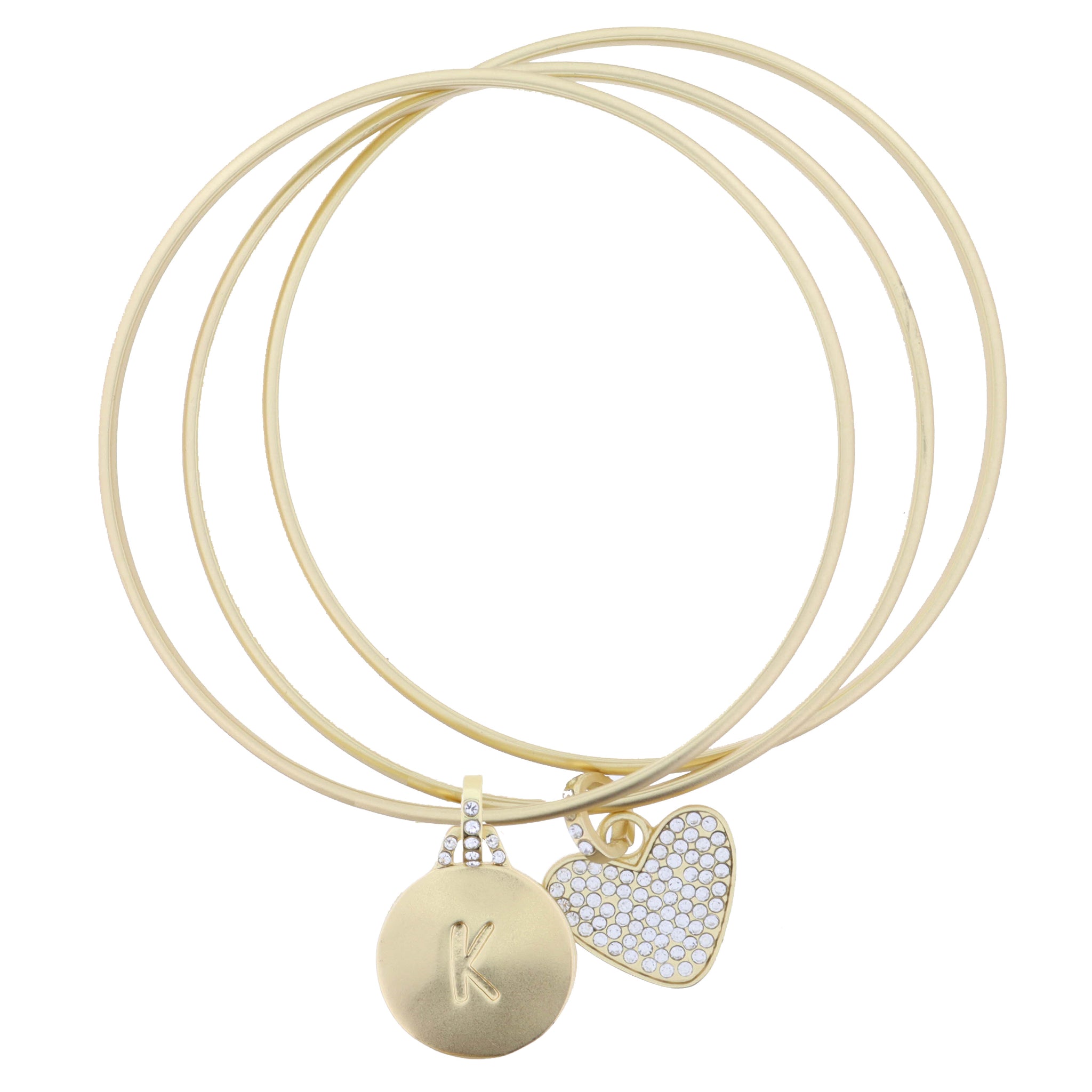 Set of 3, Gold Disc Initial "K" and Clear Crystal Heart Bangle Bracelet