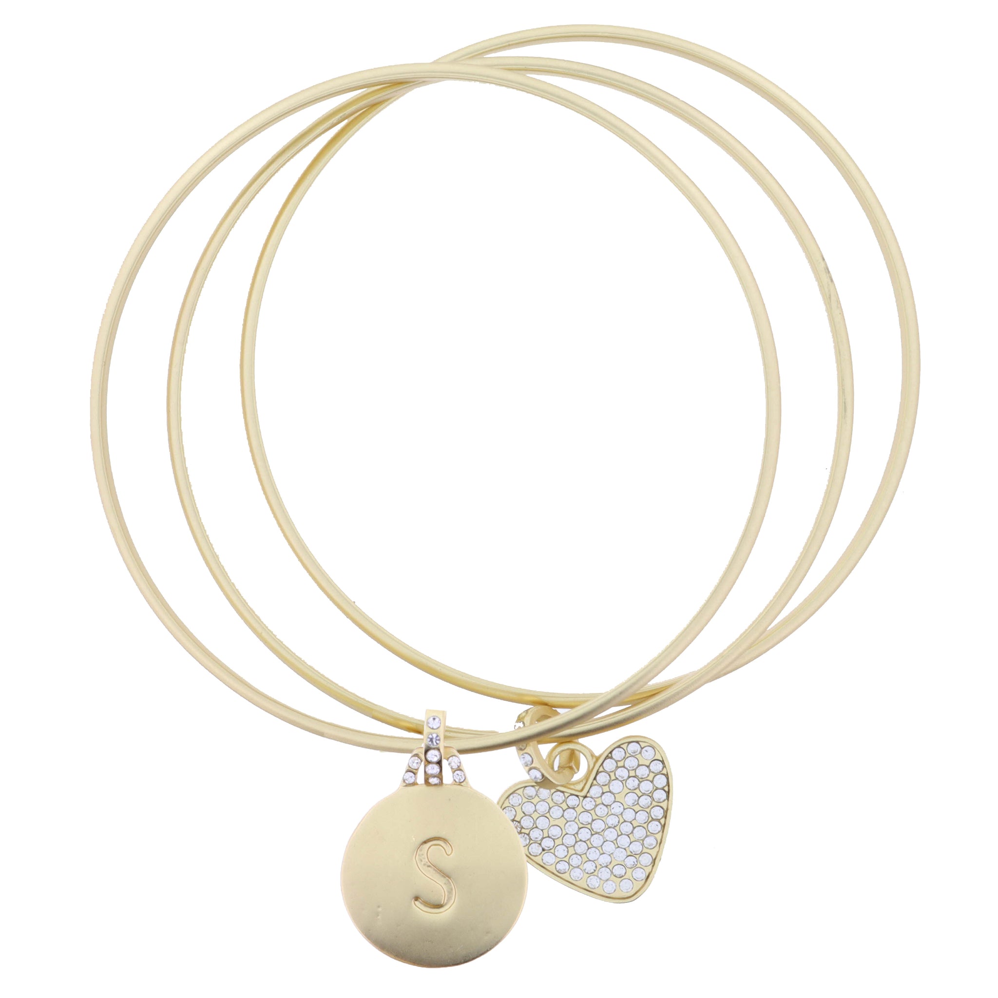 Set of 3, Gold Disc Initial "S" and Clear Crystal Heart Bangle Bracelet