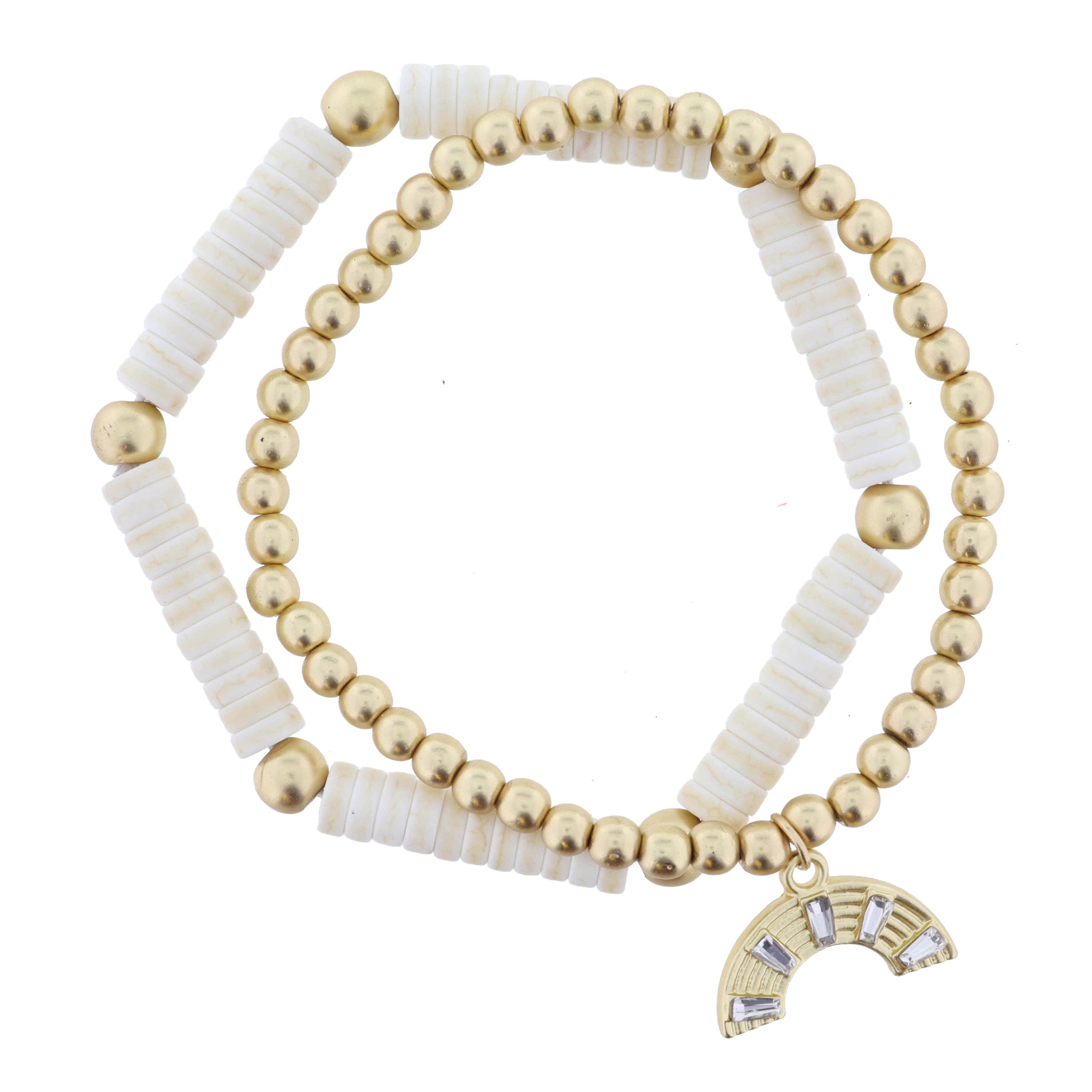 Set of 2, Natural Stone with Gold Beads, Trapezoid Crystal Rainbow Bracelet