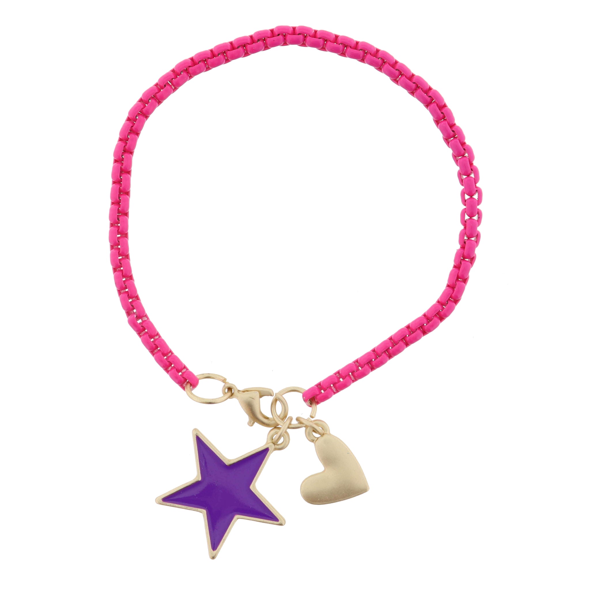 Kids Hot Pink Box Chain with Gold Heart and Purple Enamel Star Bracelet