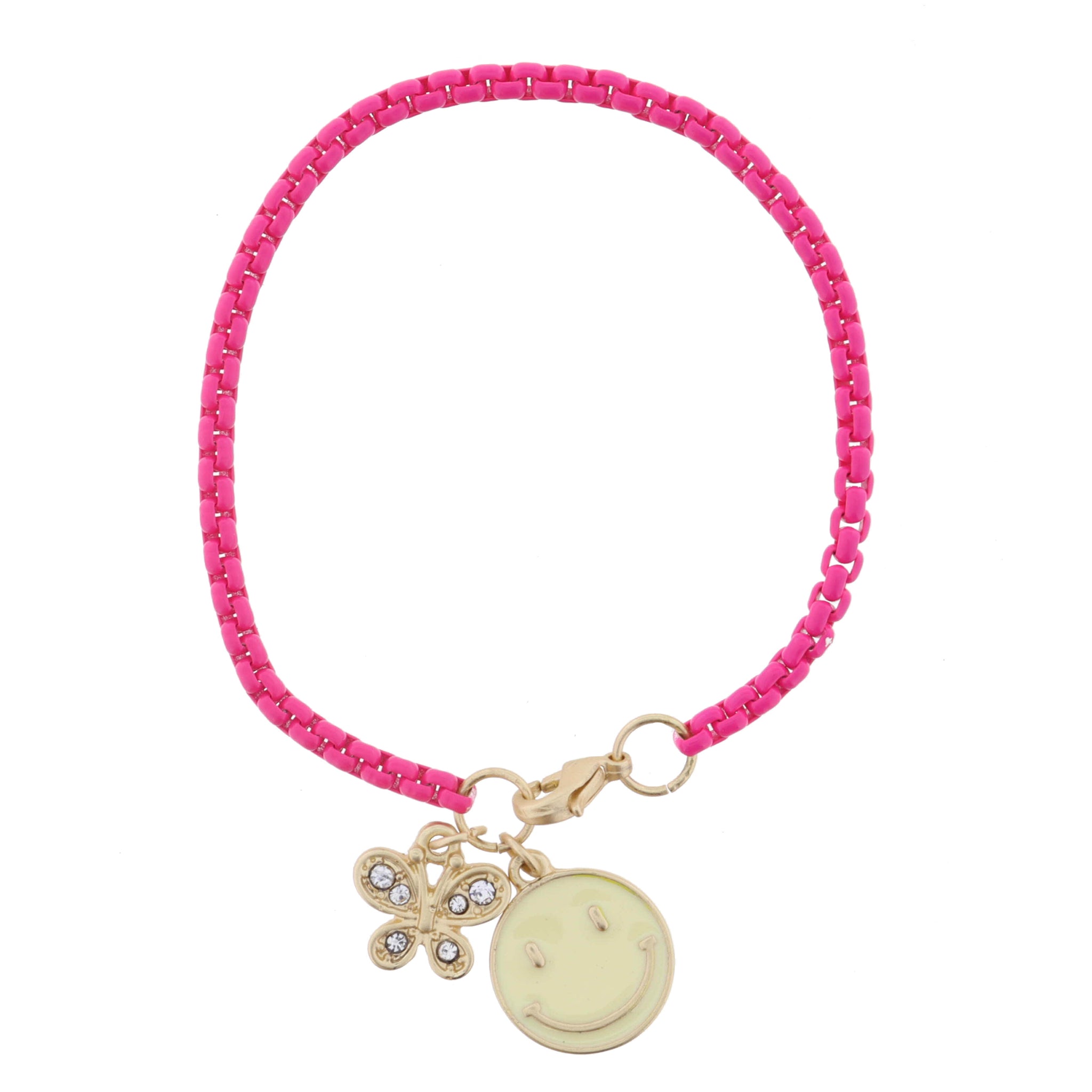 Kids Pink Box Chain with Gold Crystal Butterfly and Cream Happy Face Bracelet