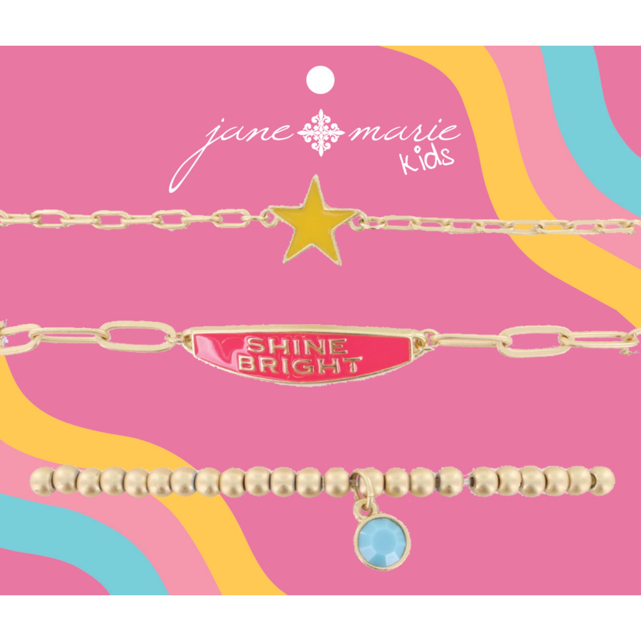 Kids Set of 3, Yellow Star, Bar with "SHINE BRIGHT" Pink Enamel, Blue Stone Gold Stretch Bracelet