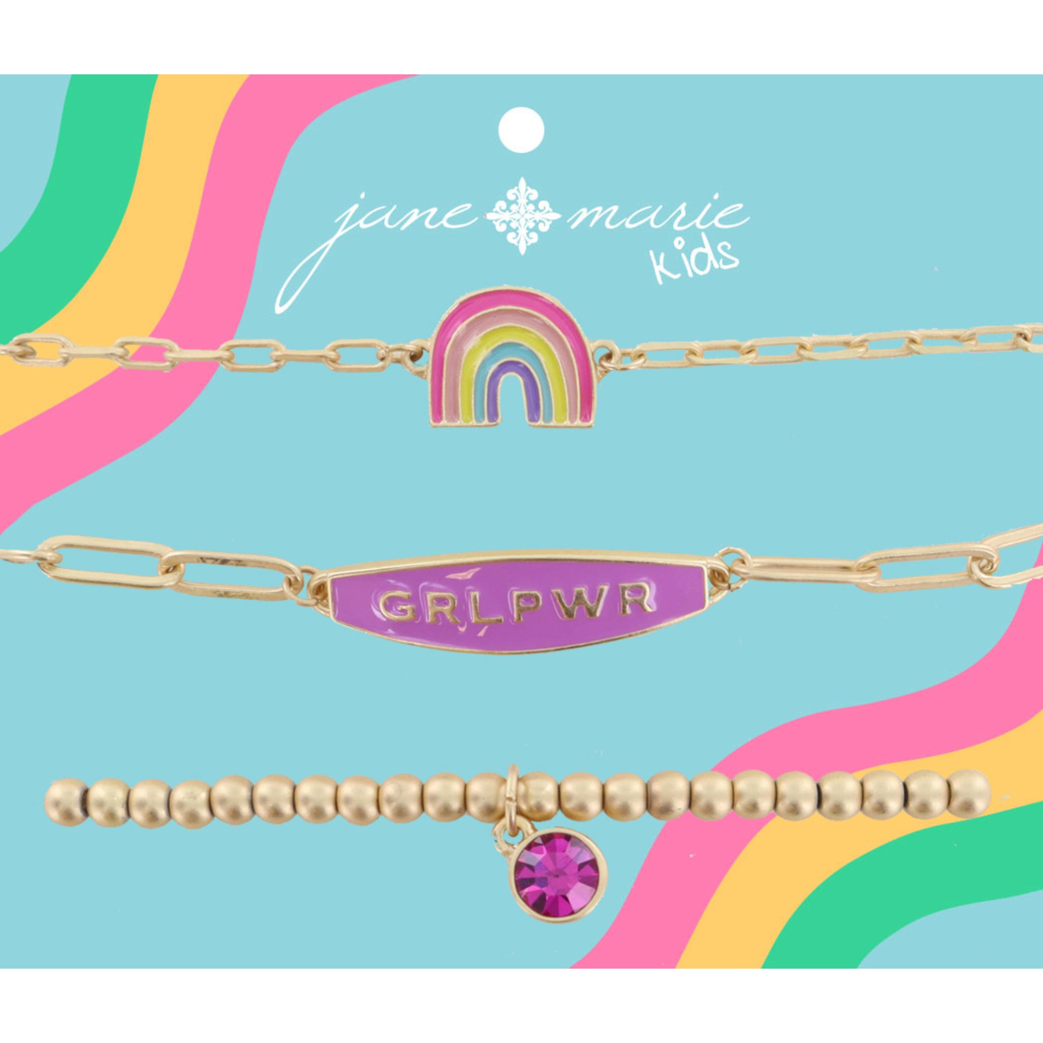 Kids Set of 3, Rainbow, Bar with "GRLPWR" Lavender Enamel, Pink Crystal Gold Stretch Bracelet