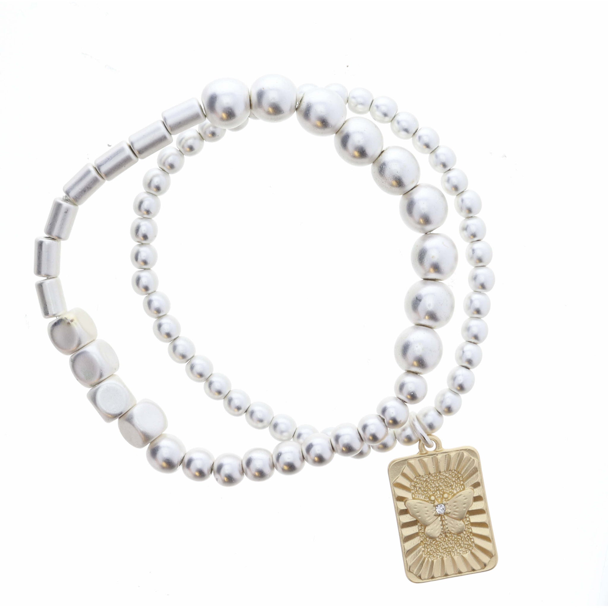 Set of 2, Silver Beaded Stretch Bracelets, Gold Rectangle, Butterfly Center, 8" Around, .75" Pendant