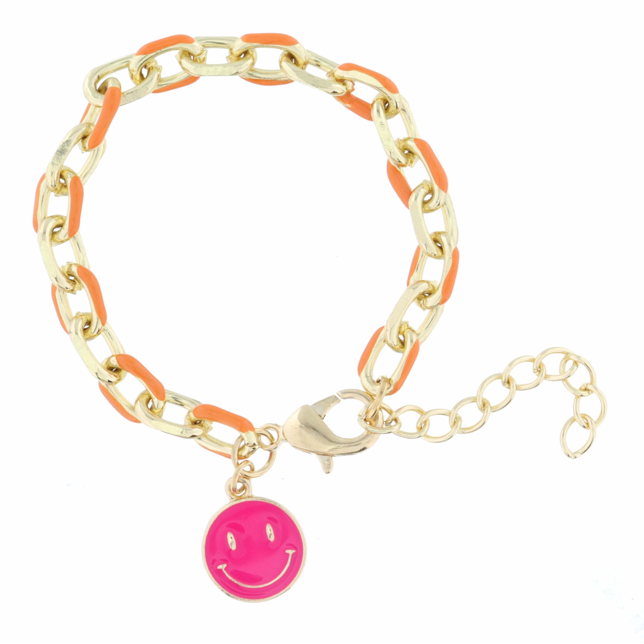 Kids Orange Enamel Chain and Hot Pink Enamel Happy Face Disc Bracelet