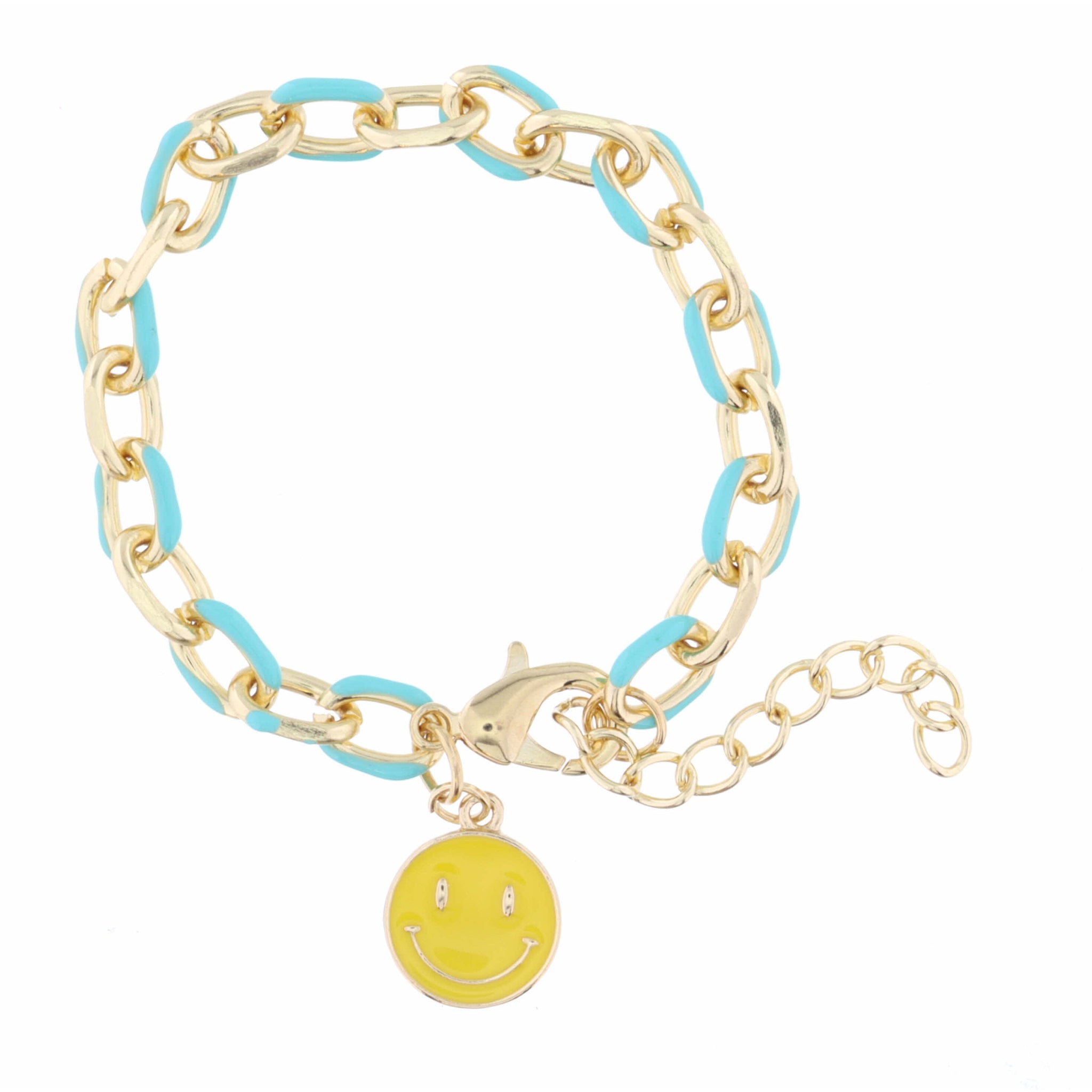 Kids Mint Enamel Chain and Yellow Enamel Happy Face Disc Bracelet