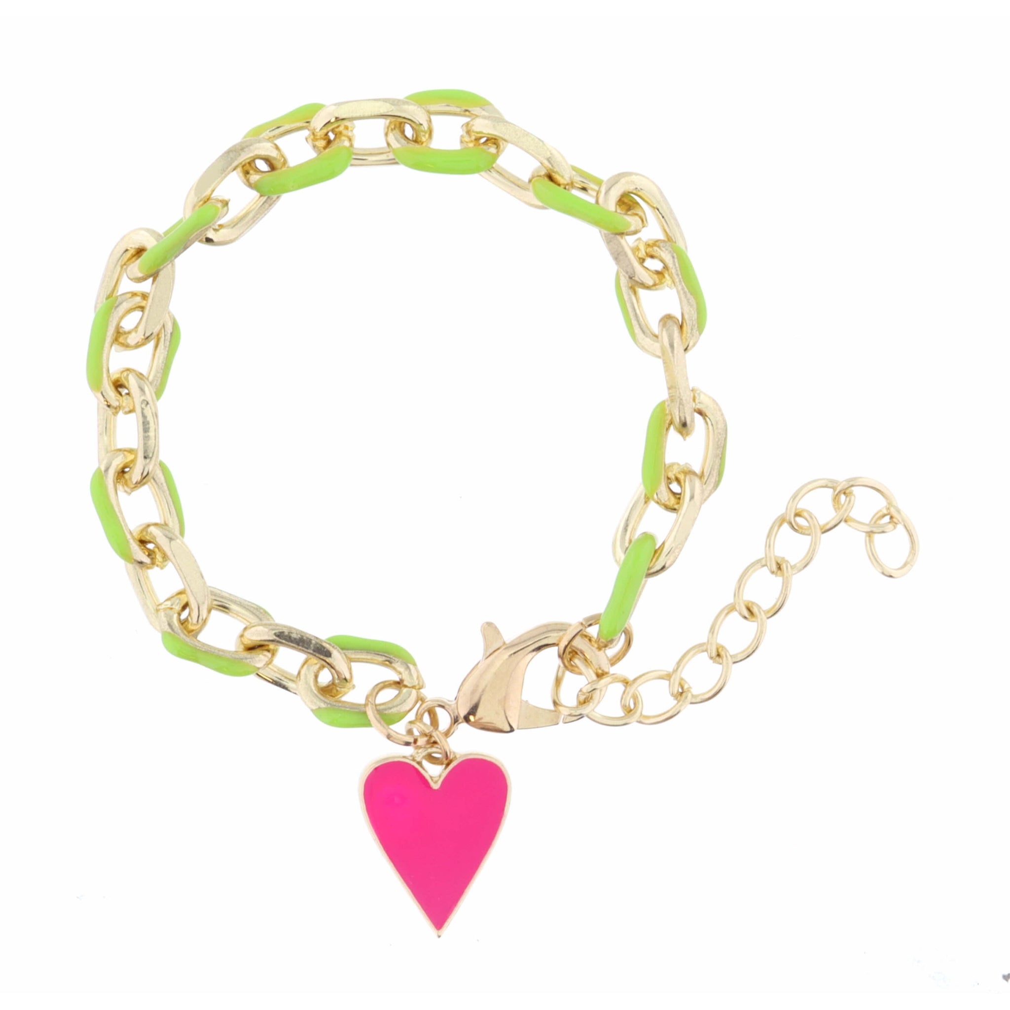 Kids Lime Green Enamel Chain and Hot Pink Enamel Heart Bracelet