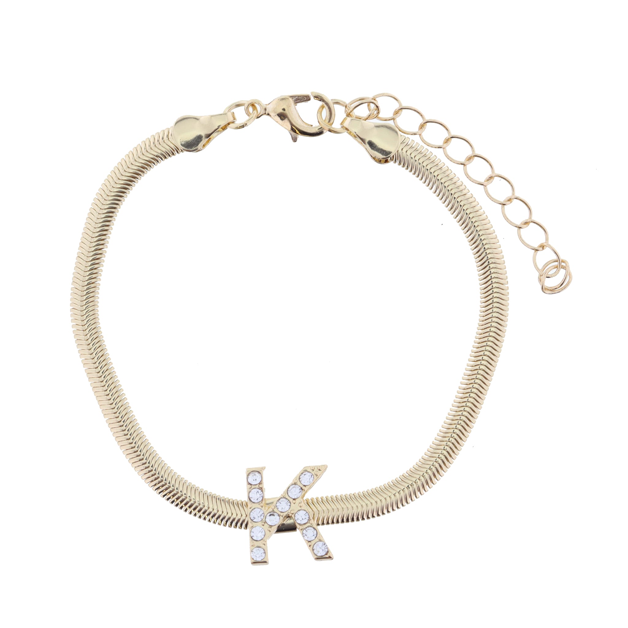 Shiny Gold Snake Chain with Clear Crystal "K" Station Bracelet