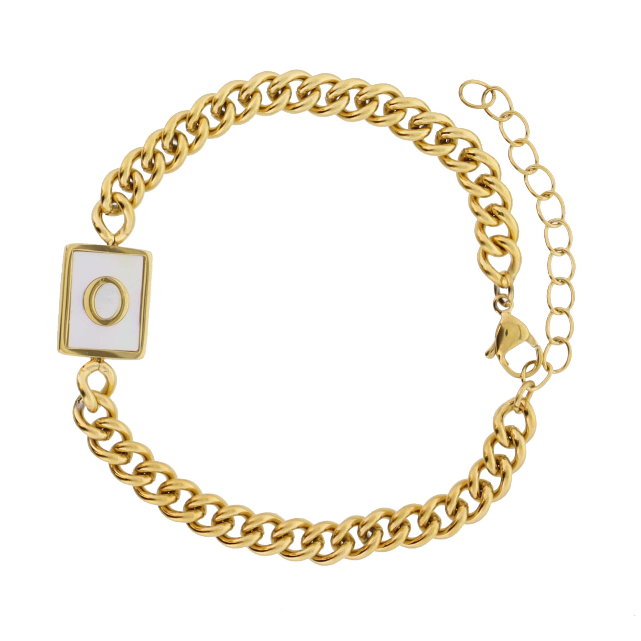 Gold Rectangle with Shell Inlay and Gold "O" Initial Center Bracelet
