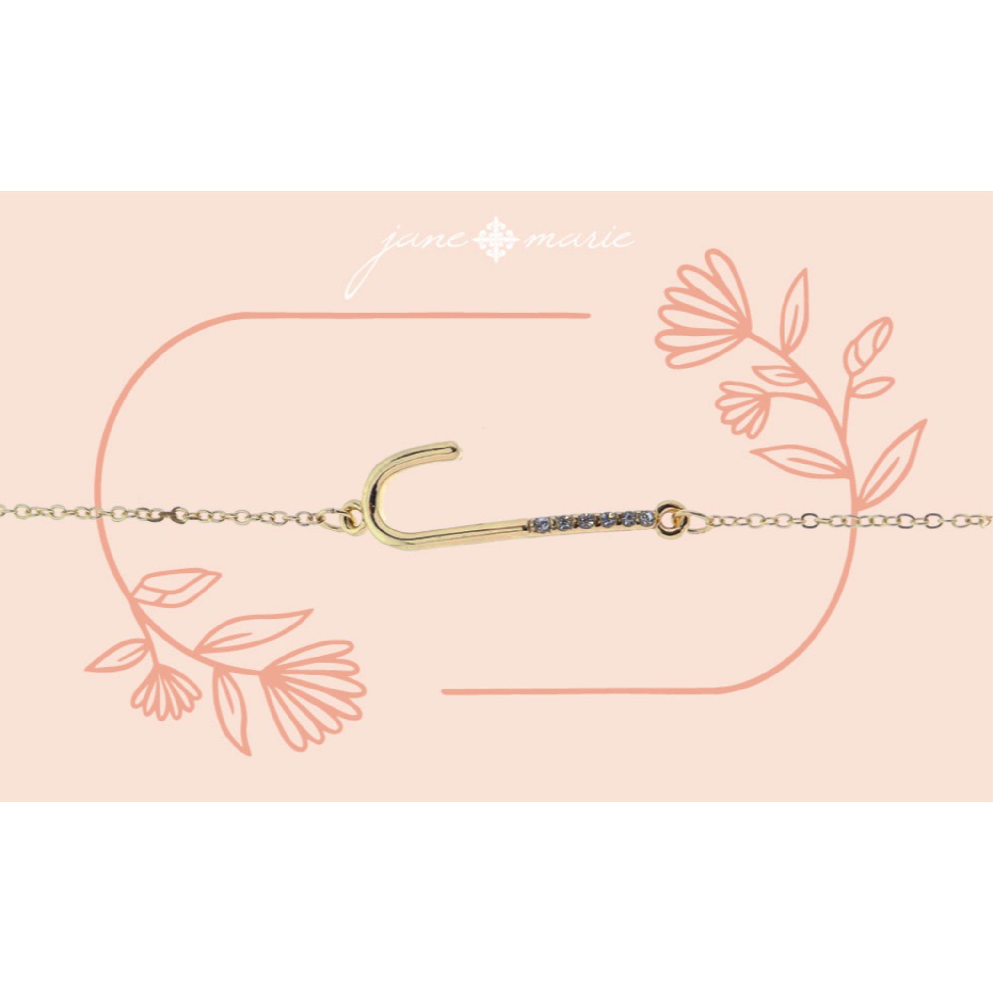 Shiny Gold Skinny Sideways "J" Initial with Clear Crystal Embellishments Bracelet