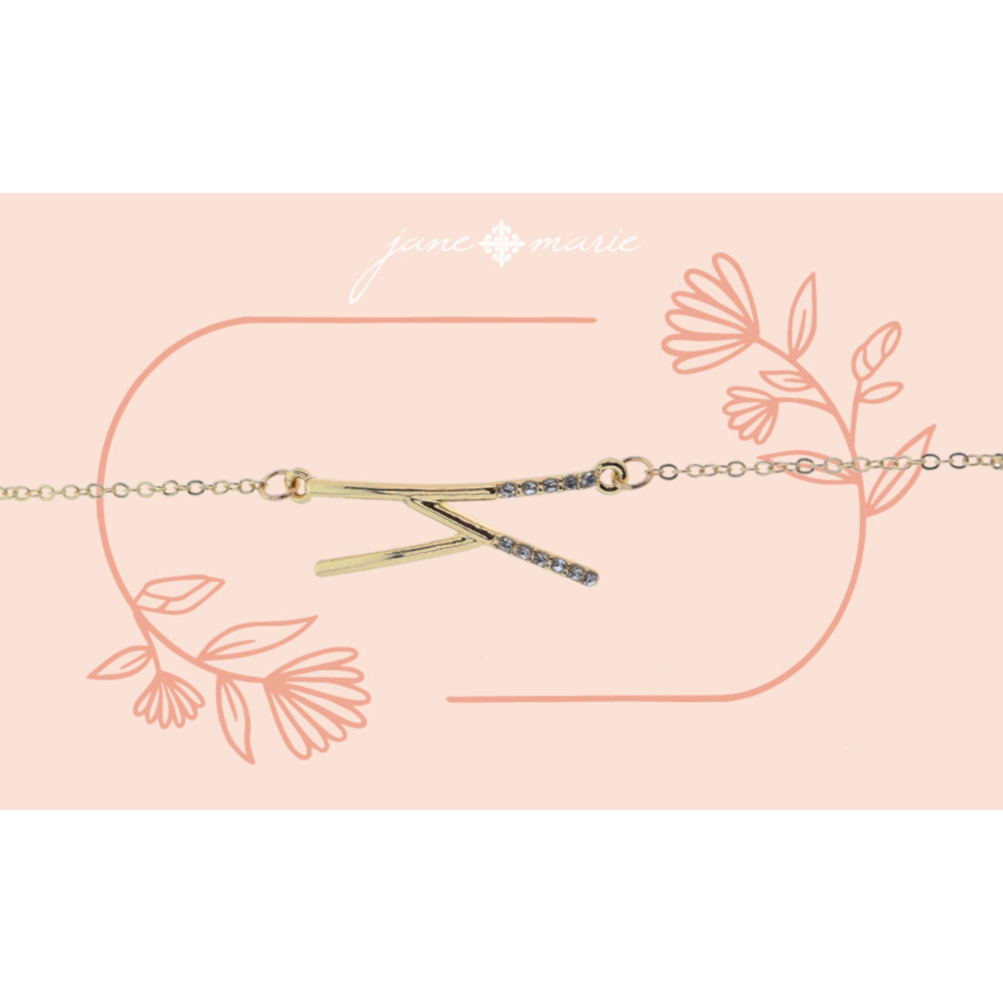 Shiny Gold Skinny Sideways "K" Initial with Clear Crystal Embellishments Bracelet