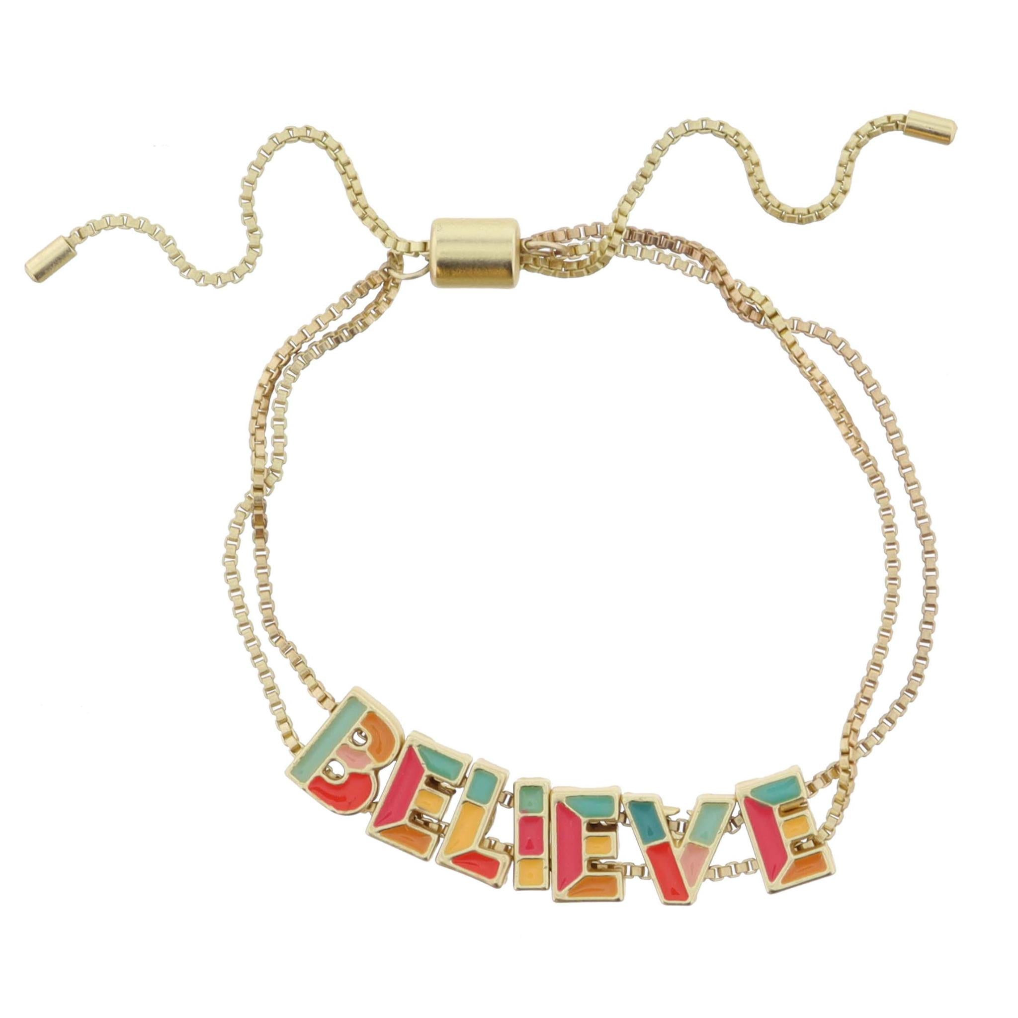 Kids Multi Enamel Colorblock "BELIEVE" on Double Gold Box Chain Bracelet