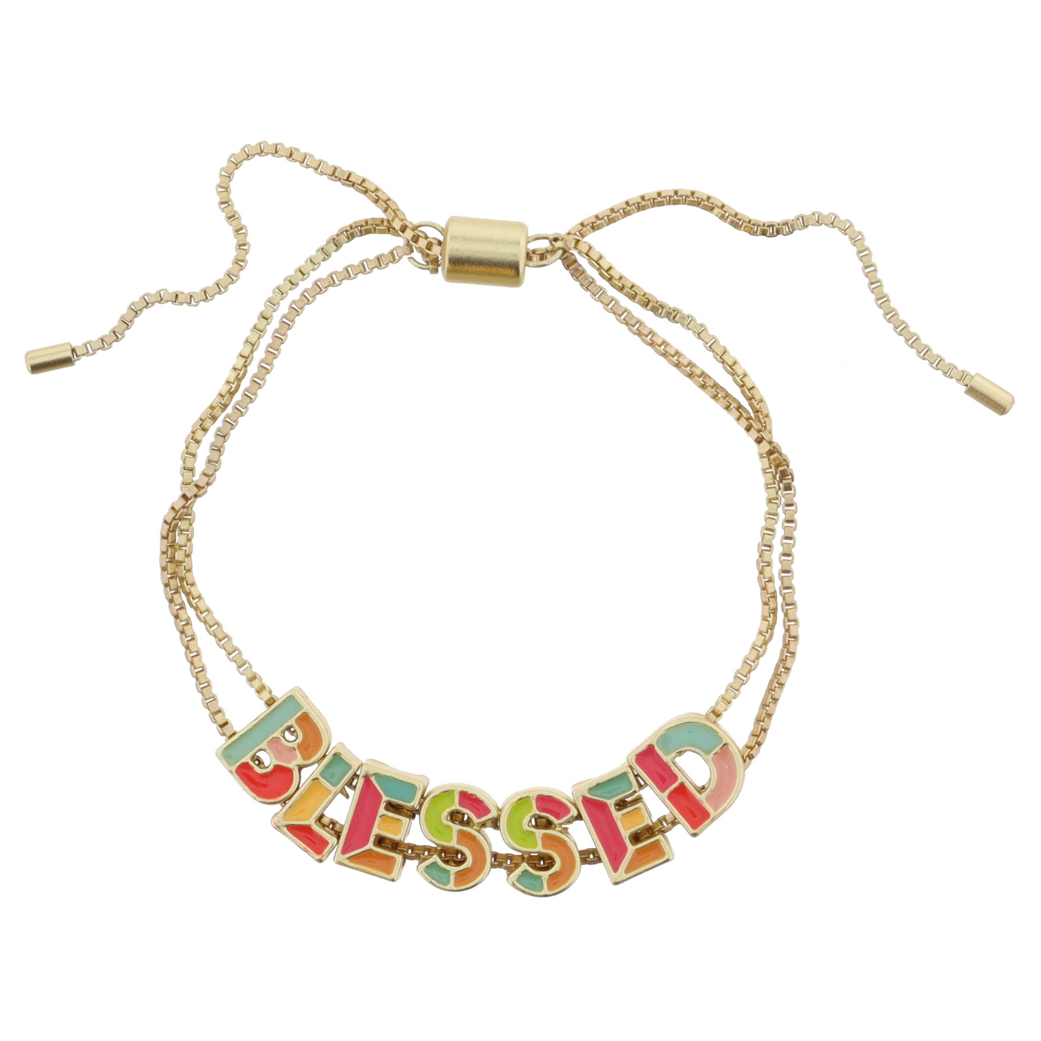 Kids Multi Enamel Colorblock "BLESSED" on Double Gold Box Chain Bracelet