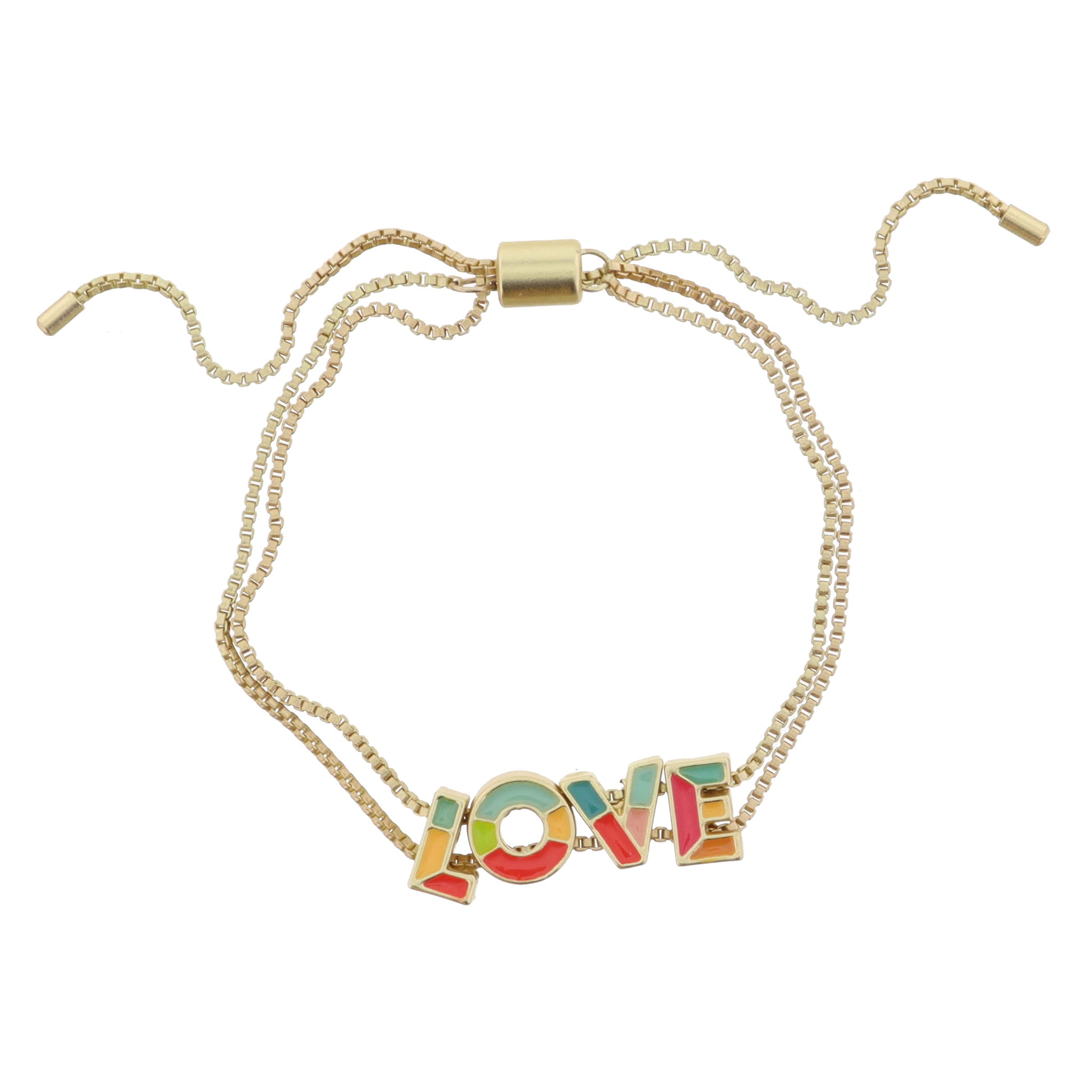 Kids Multi Enamel Colorblock "LOVE" on Double Gold Box Chain Bracelet