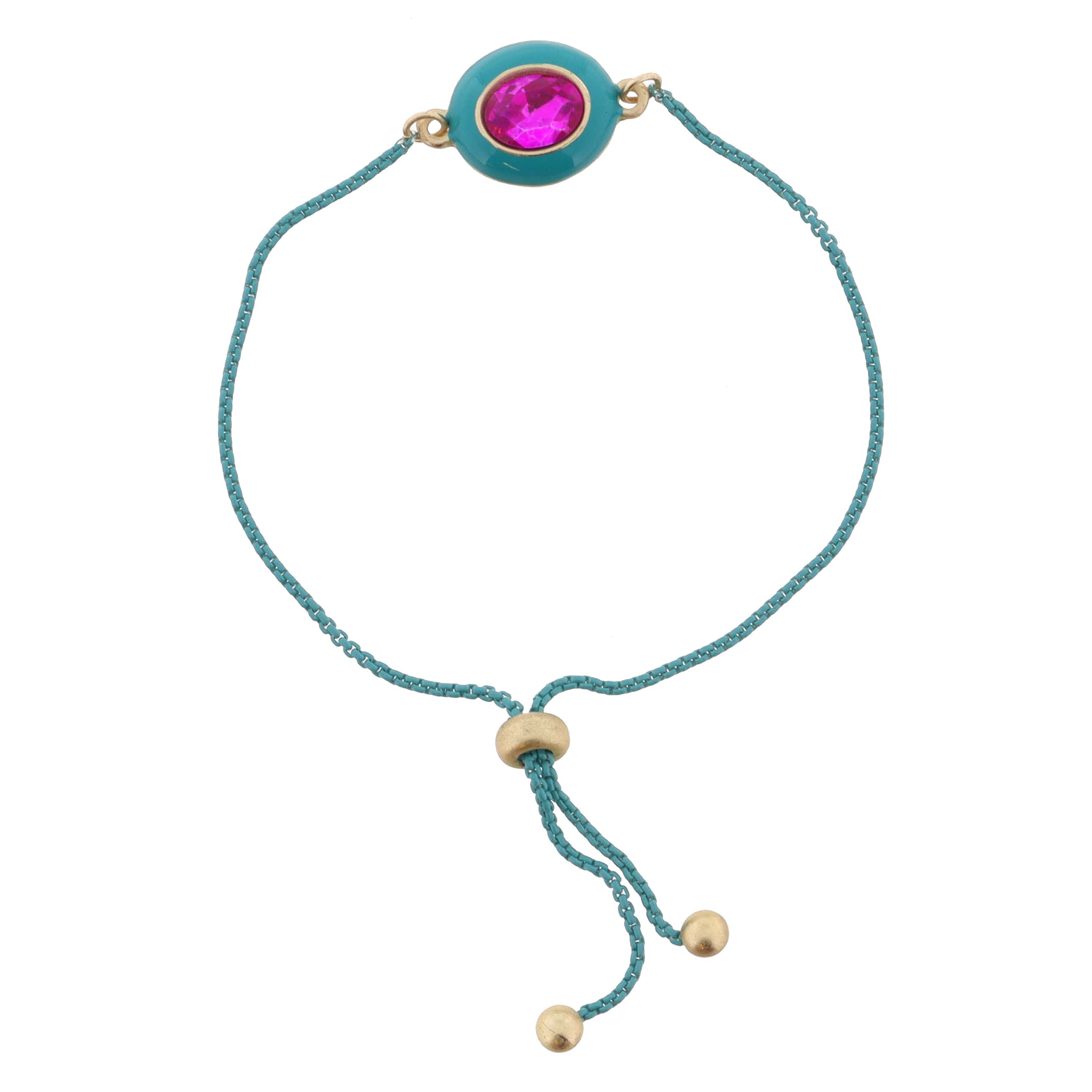 Kids Teal Enamel with Fuchsia CrystalOval Bracelet, .5" Pendants