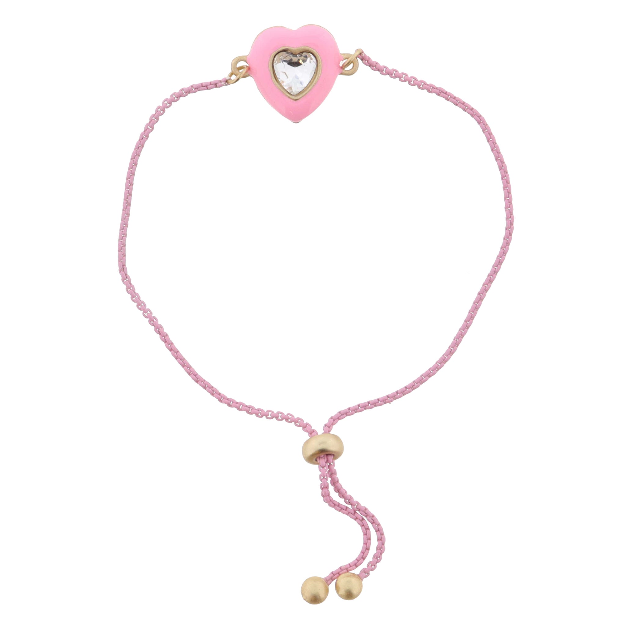 Kids Pink Enamel with Clear Crystal Heart Bracelet, .5" Pendants