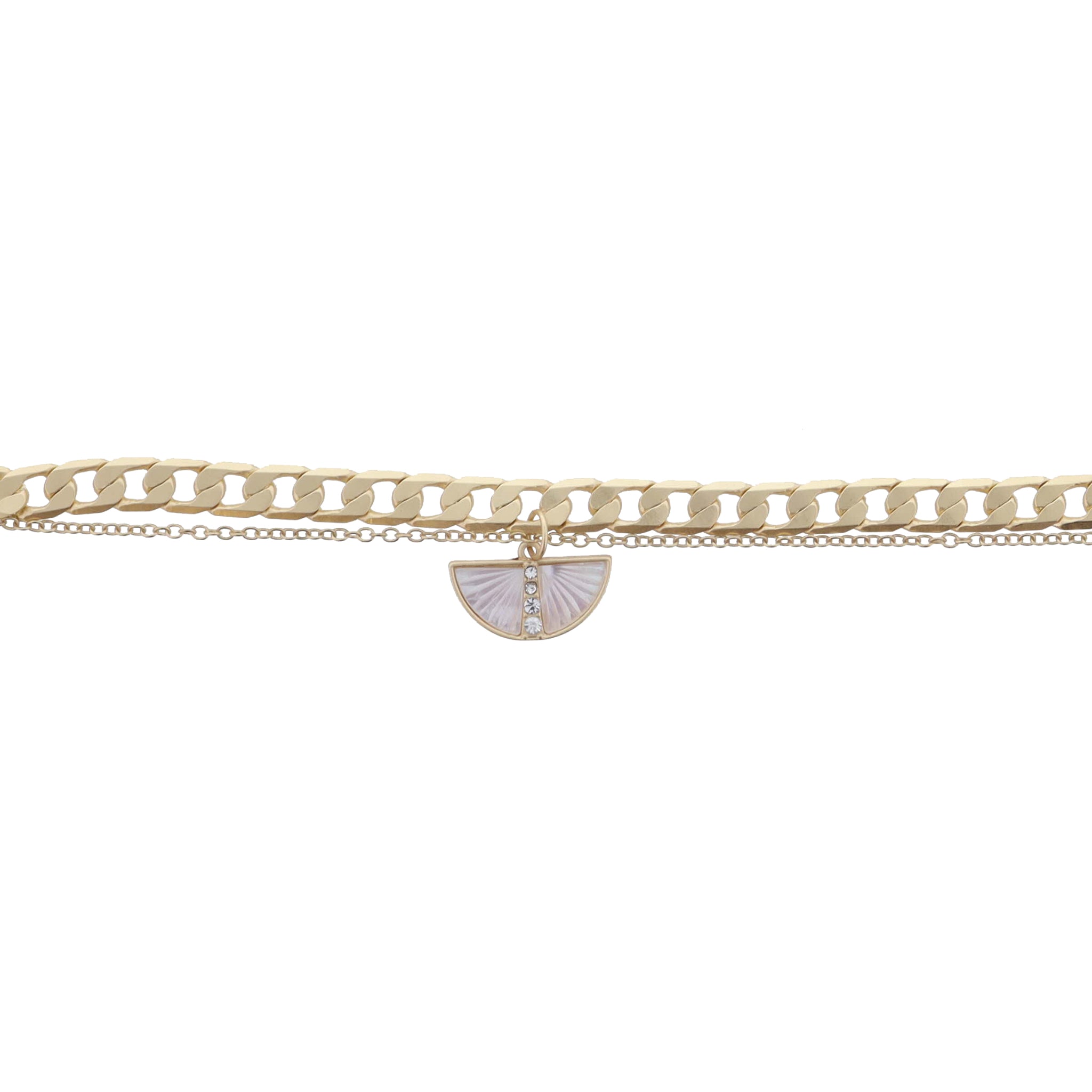 2 Strand Gold Chain, White Starburst Shell Half Circle with Crystal Center Bracelet, .35" Pendant