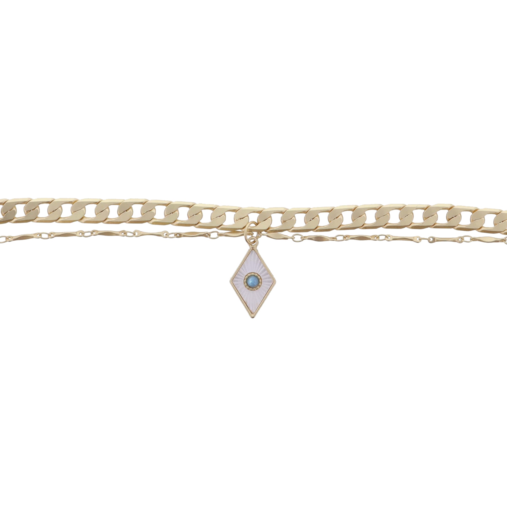 2 Strand Gold Chains, White Starburst Shell Inlay Diamond & Blue Opal Center Bracelet, .75" Pendant