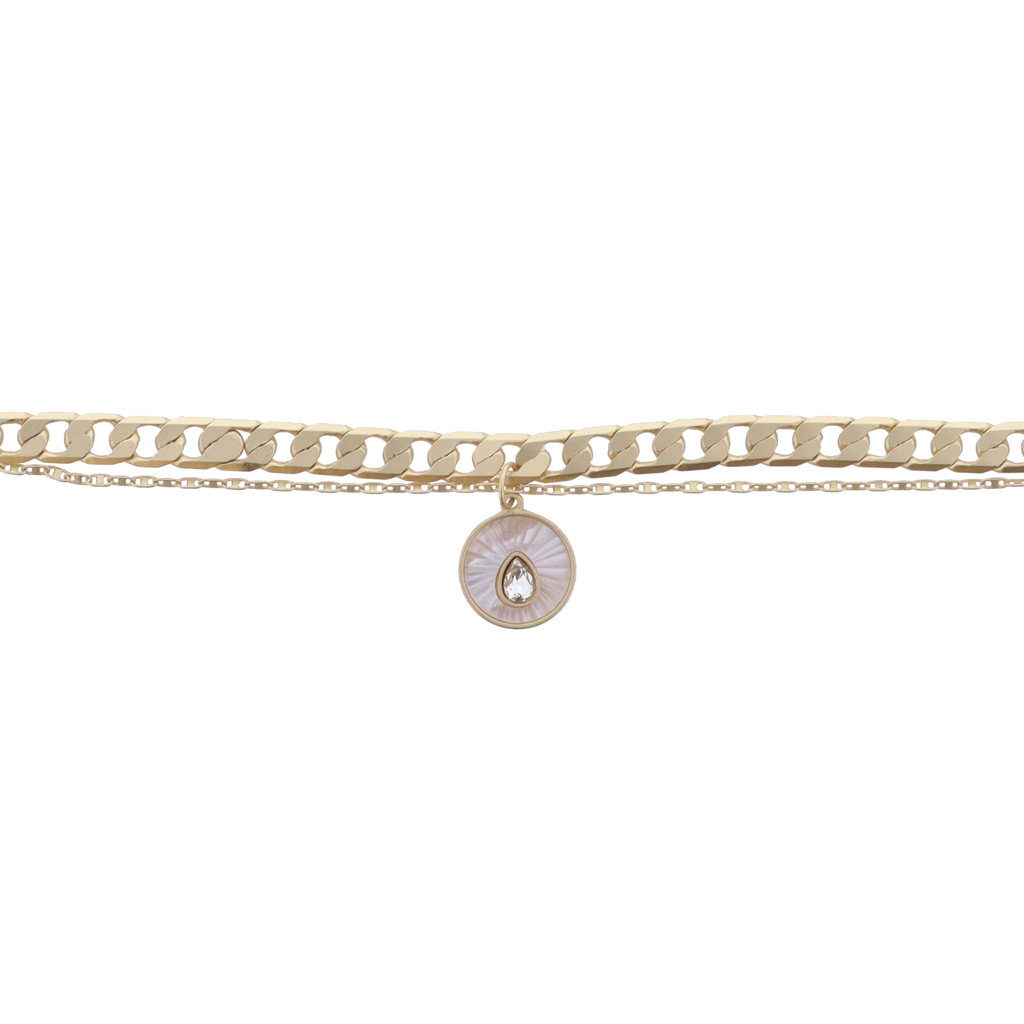 2 Strand Gold Chains, White Starburst Shell Inlay Disc with Crystal Teardrop Bracelet, .65" Pendant