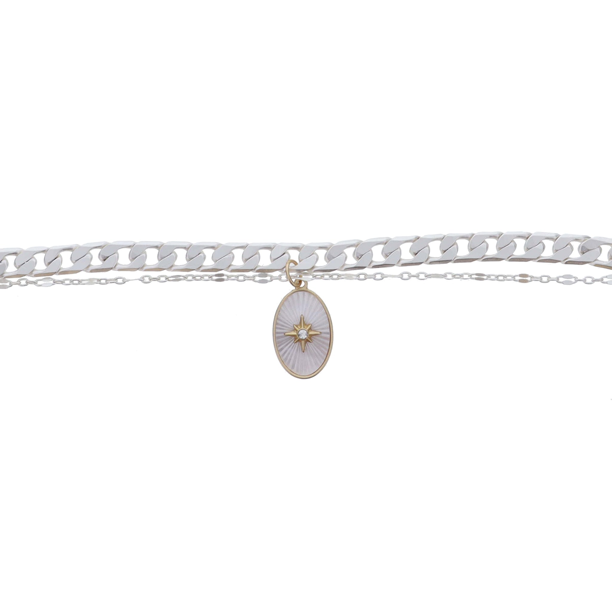 2 Strand Silver Chains and White Starburst Shell Inlay Oval with Gold Starburst Bracelet, .75" Pendant