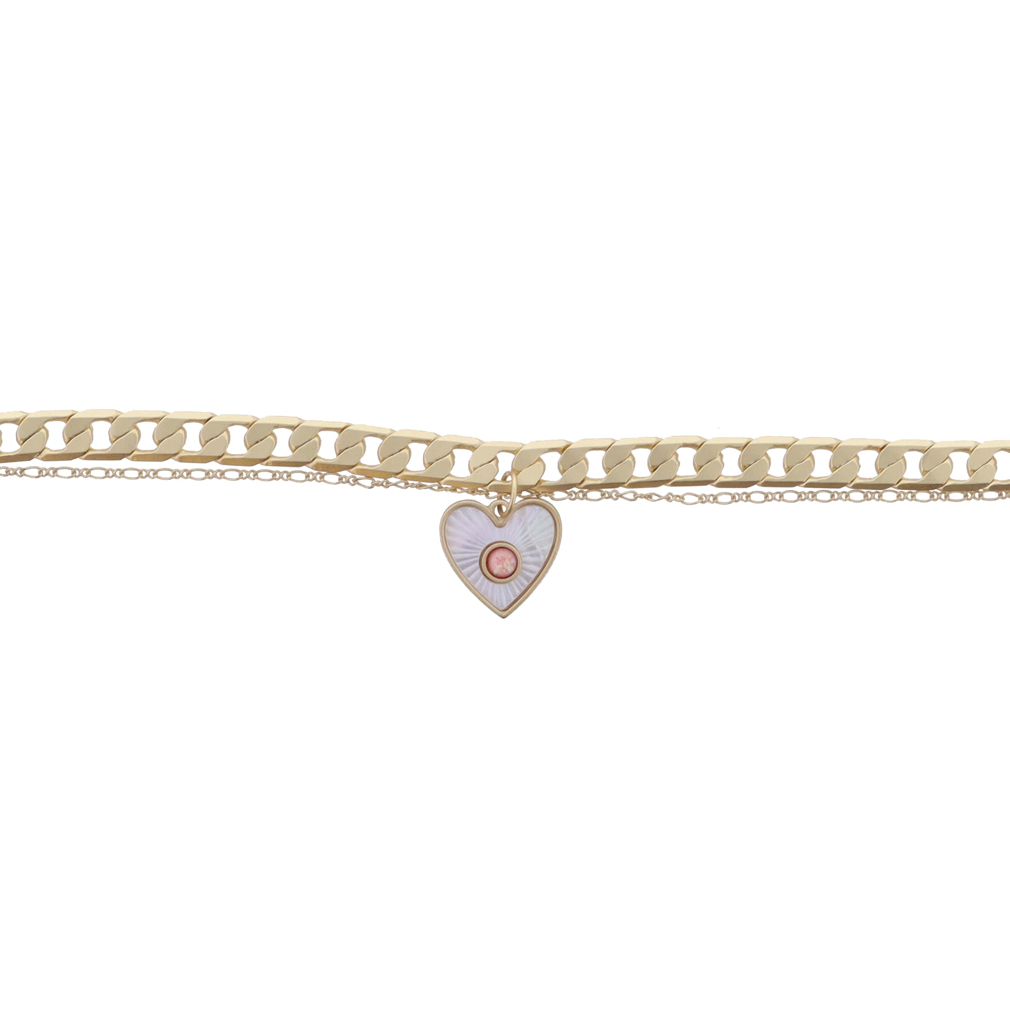 2 Strand Gold Chains and White Starburst Shell Inlay Heart with Pink Center Bracelet, .65" Pendant