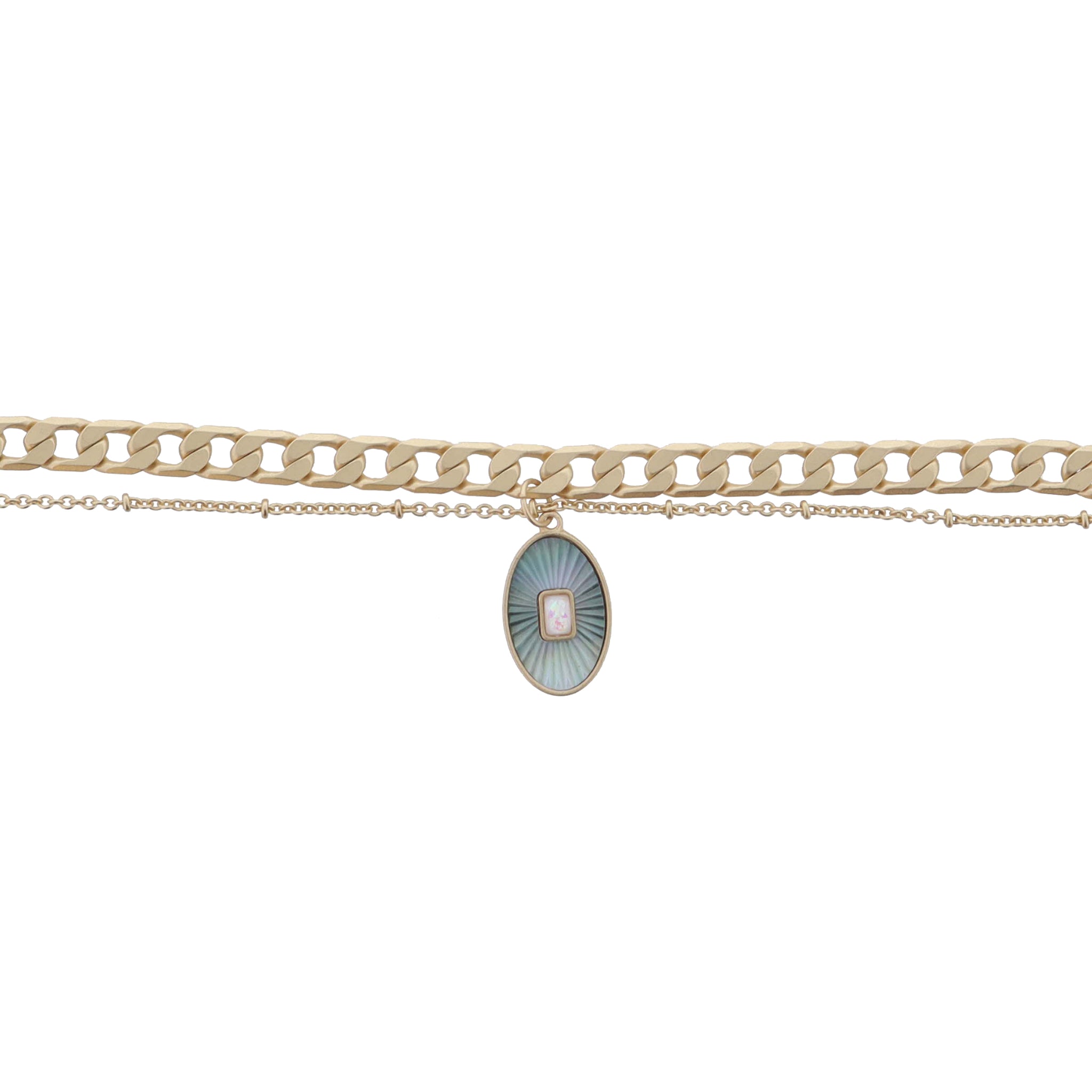 2 Strand Gold Chain, Grey Starburst Shell Inlay Oval with White Opal Center Bracelet, .75" Pendant
