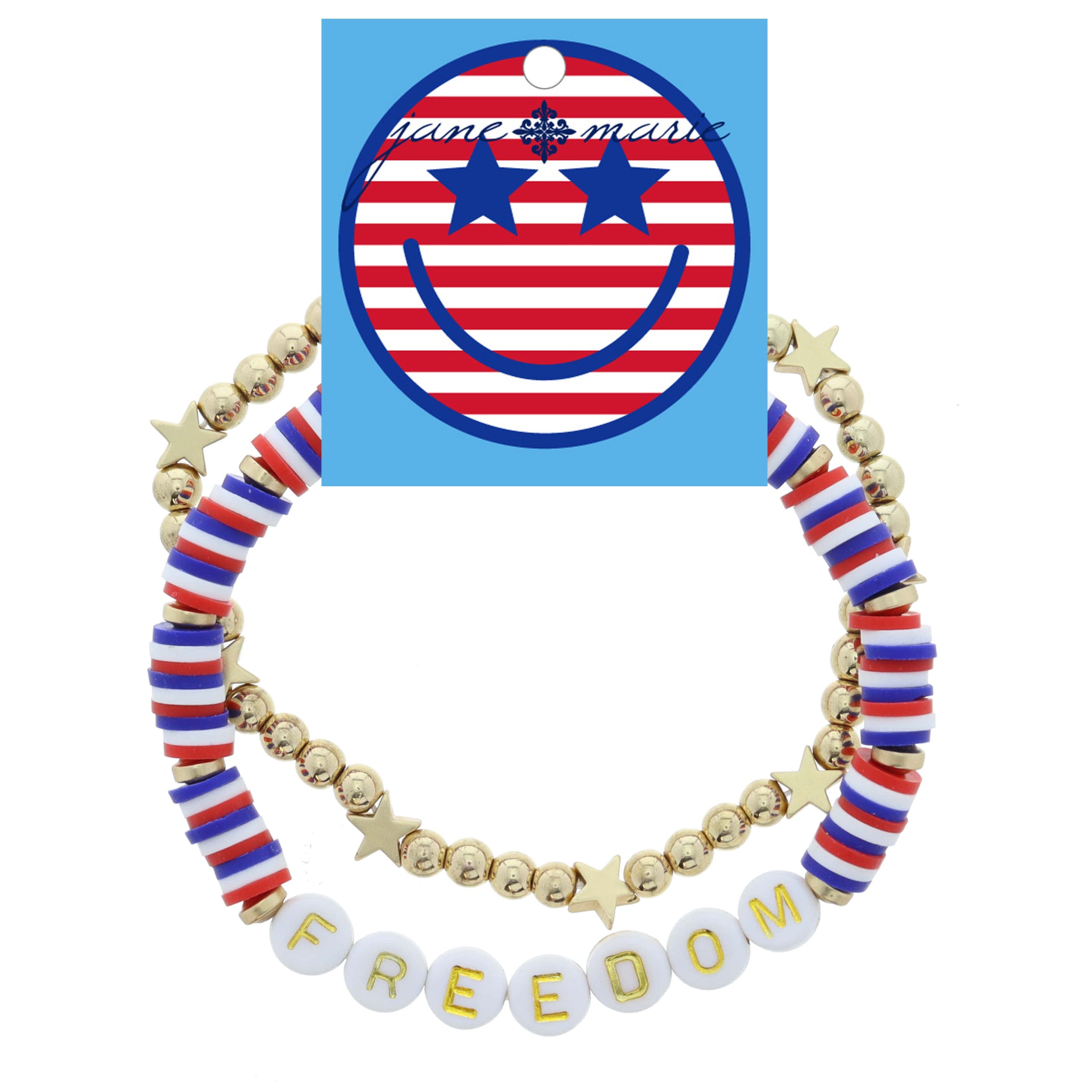 Set of 2, Patriotic Rubber Sequins "FREEDOM", Ball and Star Beaded Bracelet, Bracelet, 8" Around