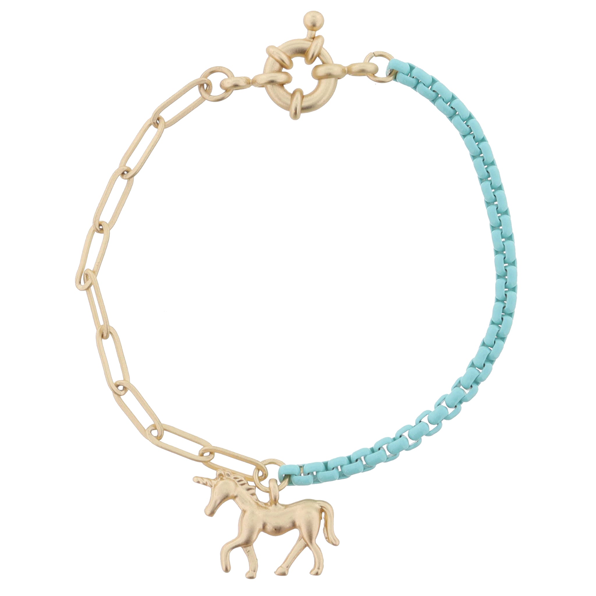 Kids Half Gold Chain, Half Mint Chain with Gold Unicorn Bracelet