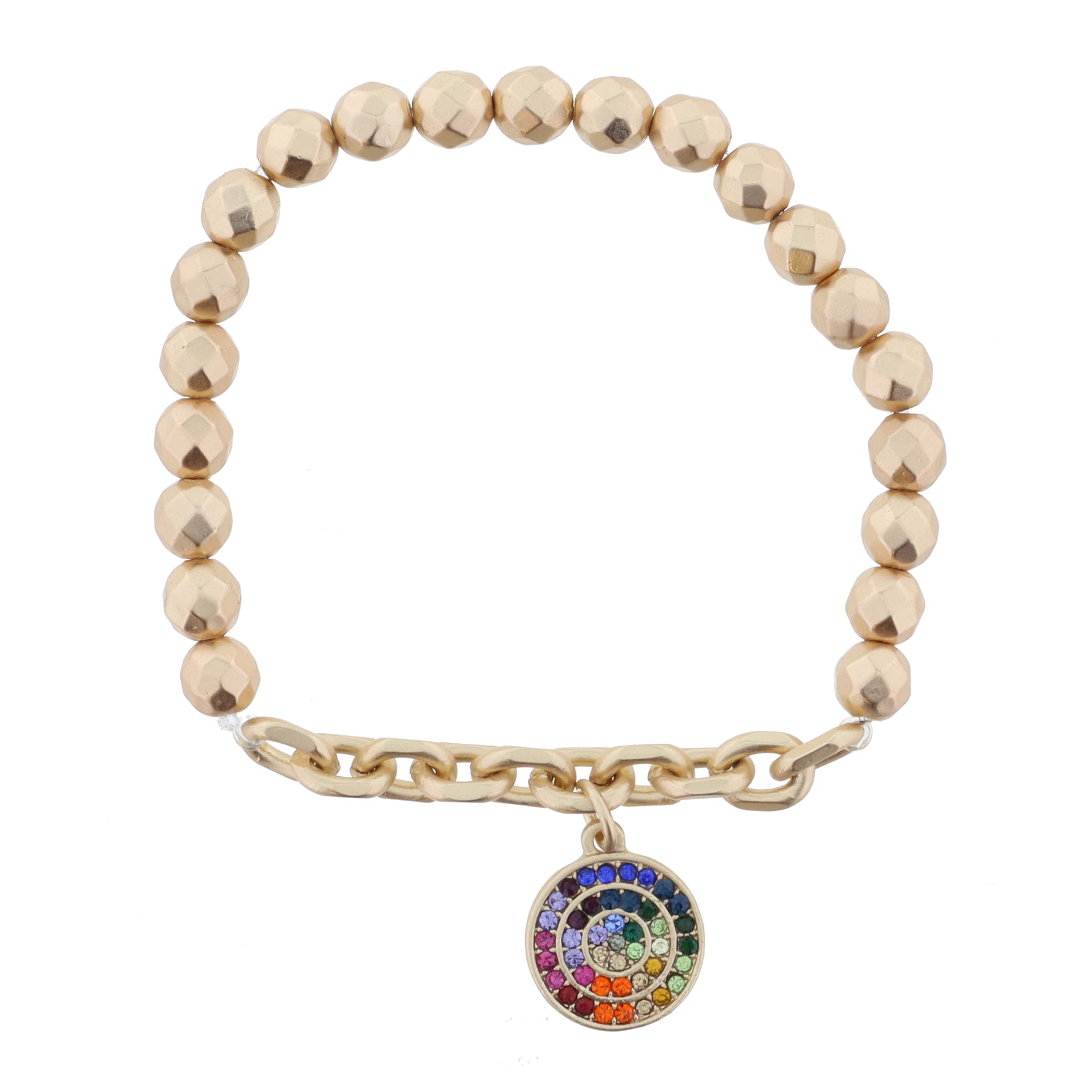 Gold Faceted Beads and Chain Portion with Multi Crystal Pave Gold Disc Bracelet