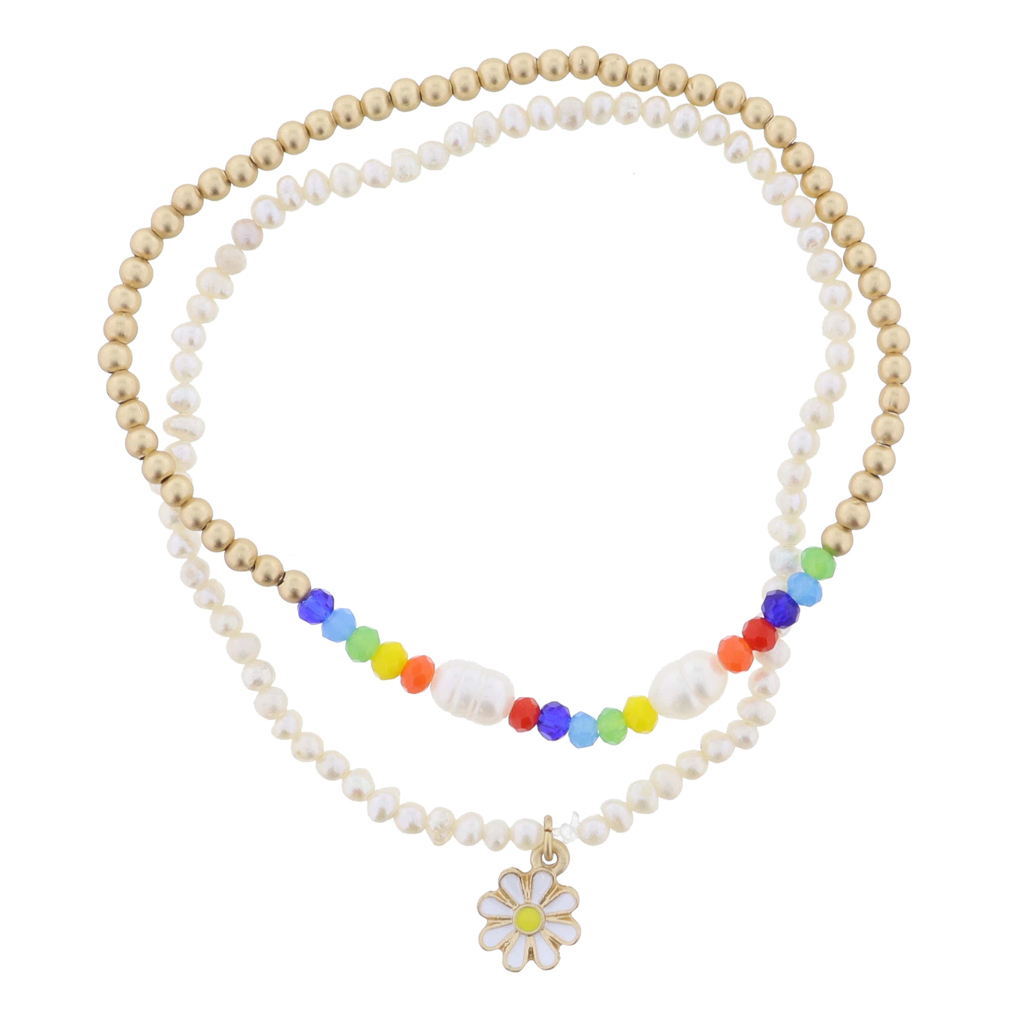 Kids Set of 2, Pearls with Daisy, Gold Ball with Multi Faceted & Pearl Accents Portion Bracelet