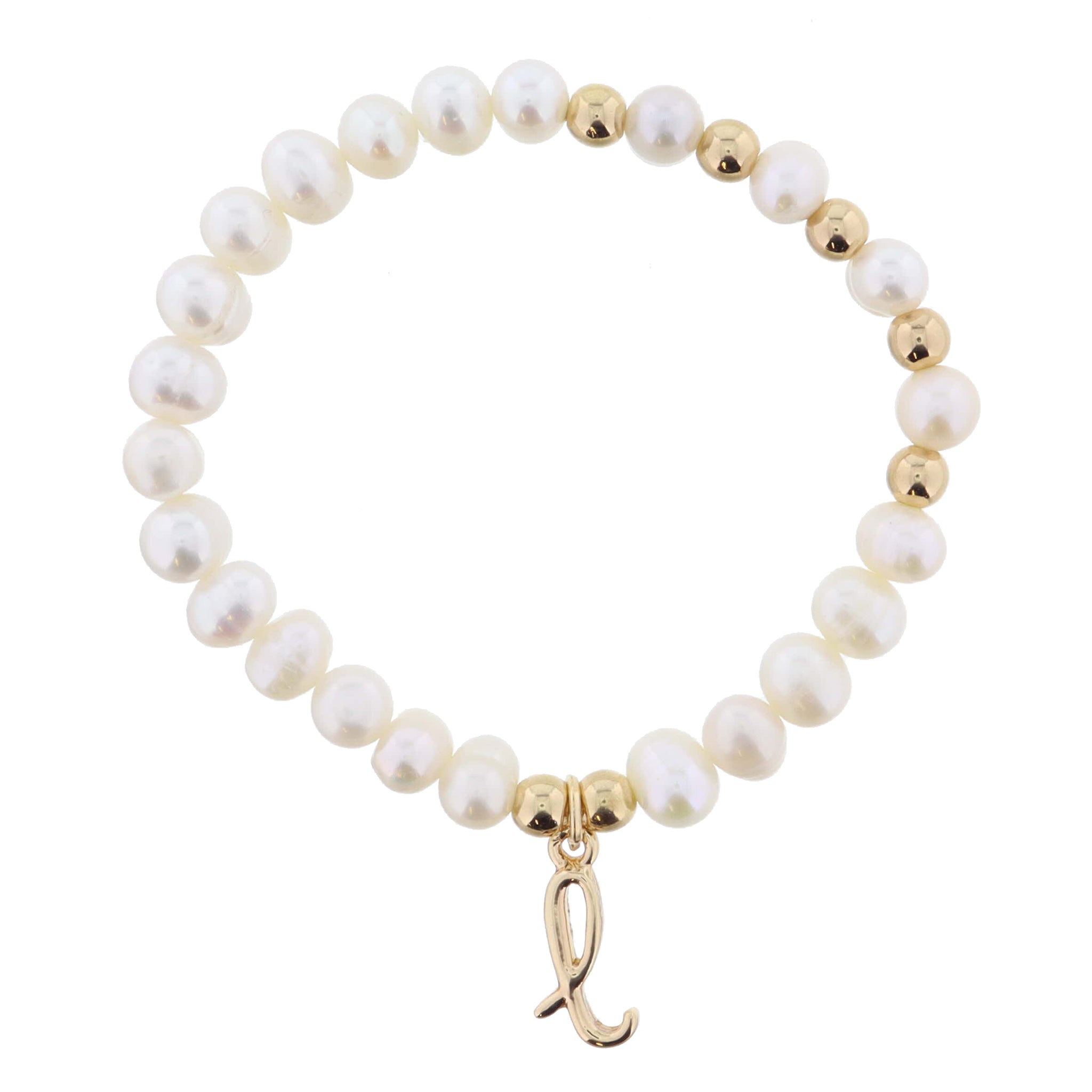 Kids Natural Pearl Beaded with Gold Accents and Shiny Gold Cursive "l" Initial Bracelet