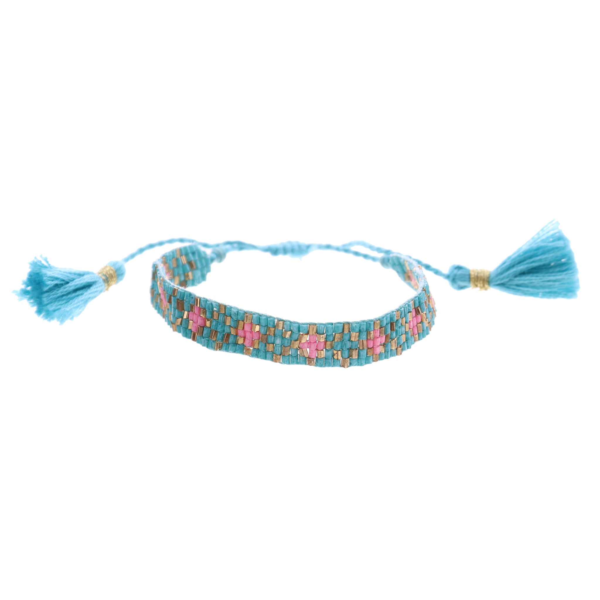 Kids Teal, Gold, Pink Woven Beaded Band Bracelet