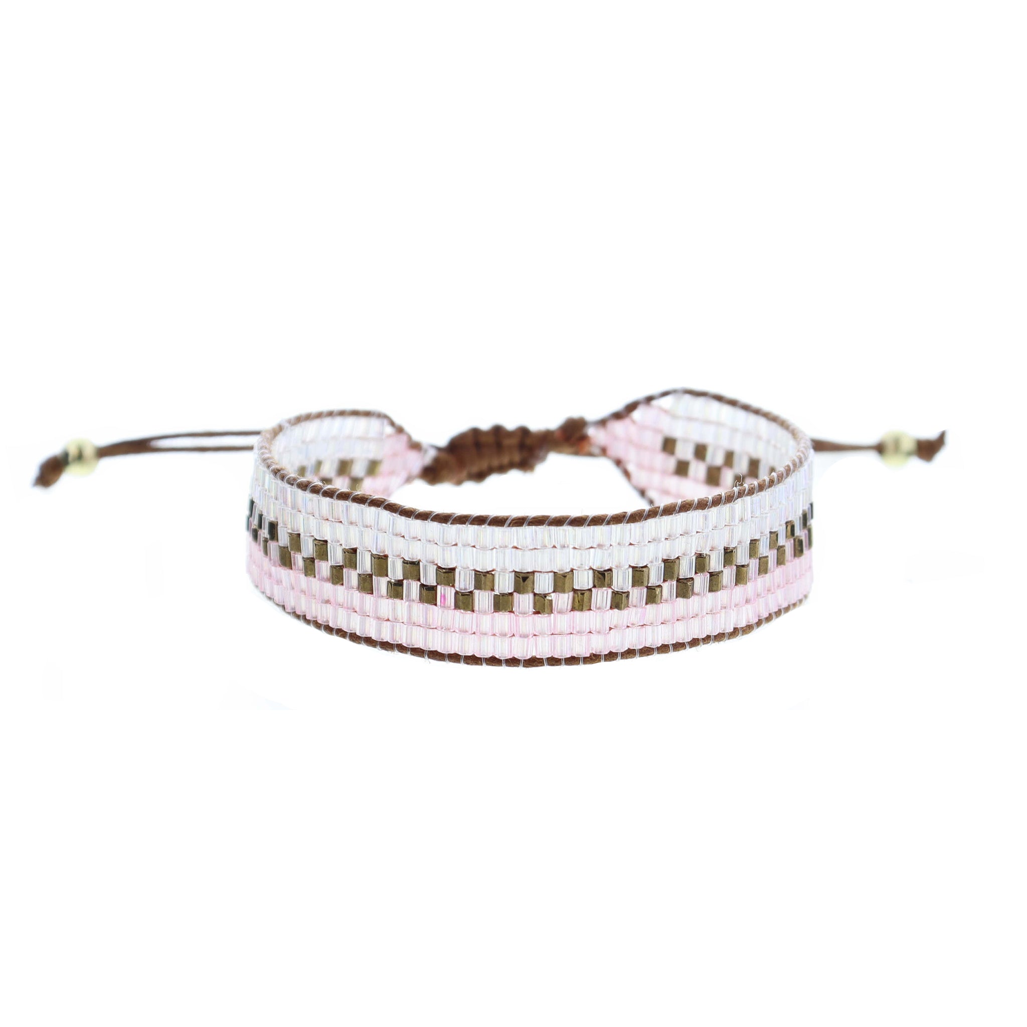 Iridescent Clear and Pink with Bronze Woven Beaded Band Bracelet