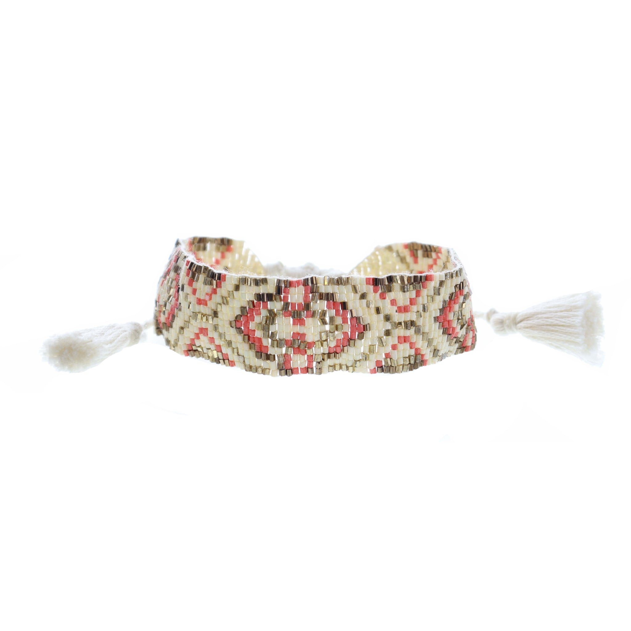 Bronze, Ivory, Coral, Gold Woven Beaded Band Bracelet