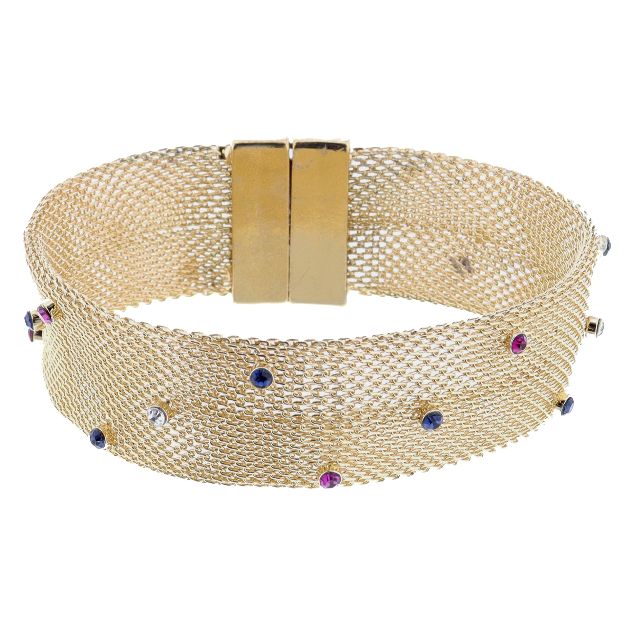 Wide Gold Woven Mesh Chain Band with Mini Multi Crystal Accents Bracelet, 7.5-8" Around