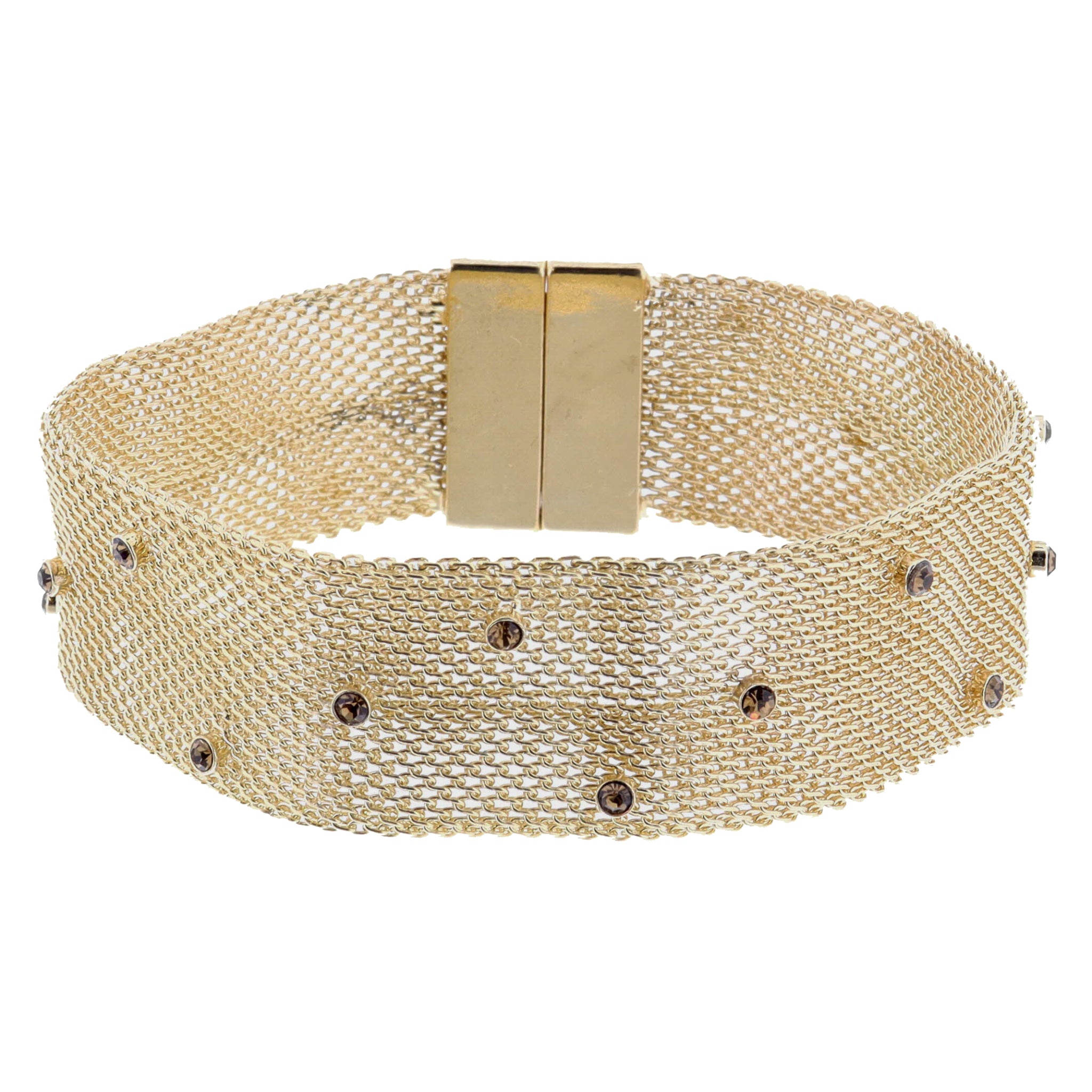 Wide Gold Woven Mesh Chain Band with Mini Topaz Crystal Accents Bracelet, 7.5-8" Around